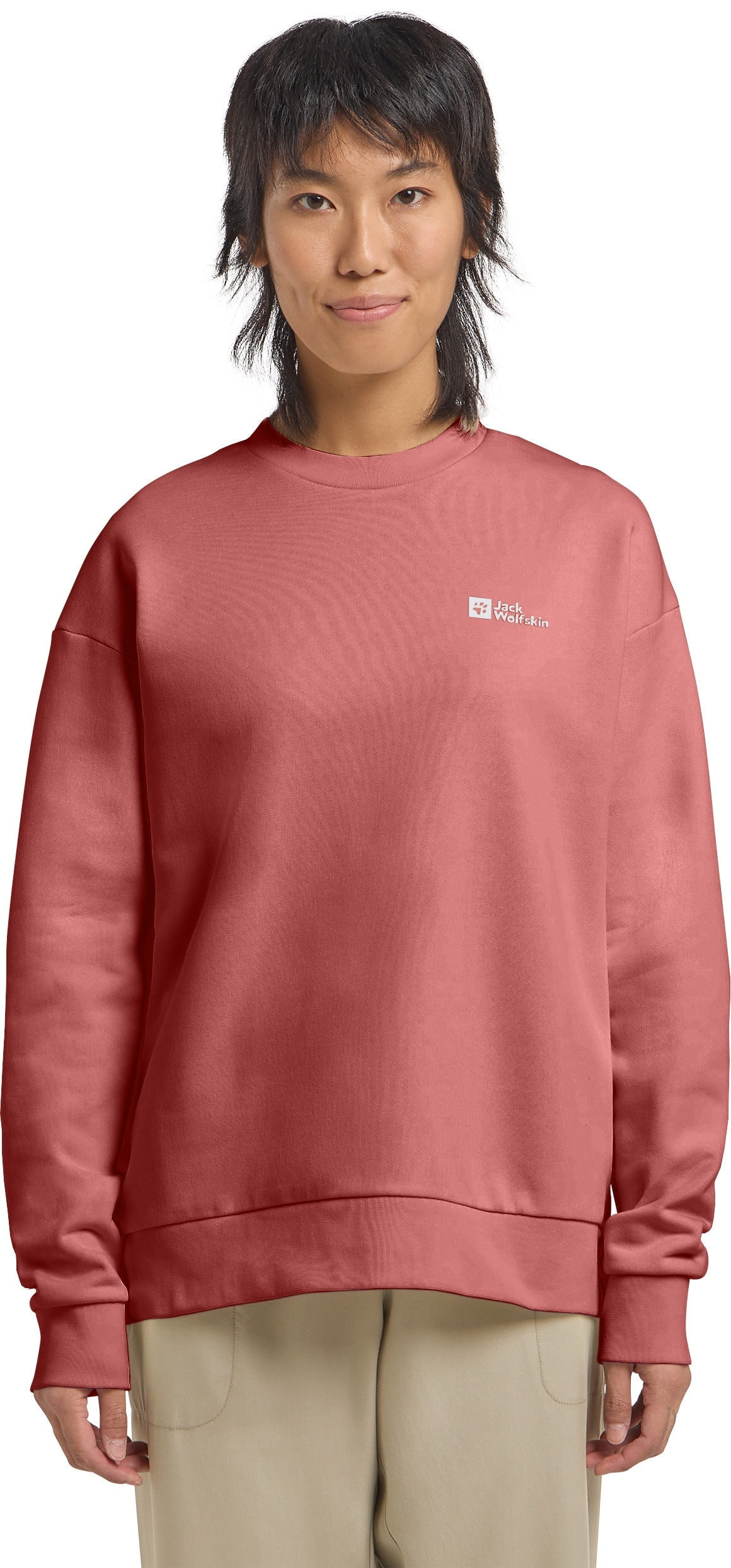 Langarmshirt JACK WOLFSKIN "ESSENTIAL CREWNECK W", Damen, Gr. XXL (48), rot (mineral, rot), Oberstoff: 100% BAUMWOLLE ; Kontrastmaterial 1: 95% BAUMWOLLE, 5% ELASTHAN; Kontrastmaterial 2: 100% BAUMWOLLE, Shirts Langarmshirt