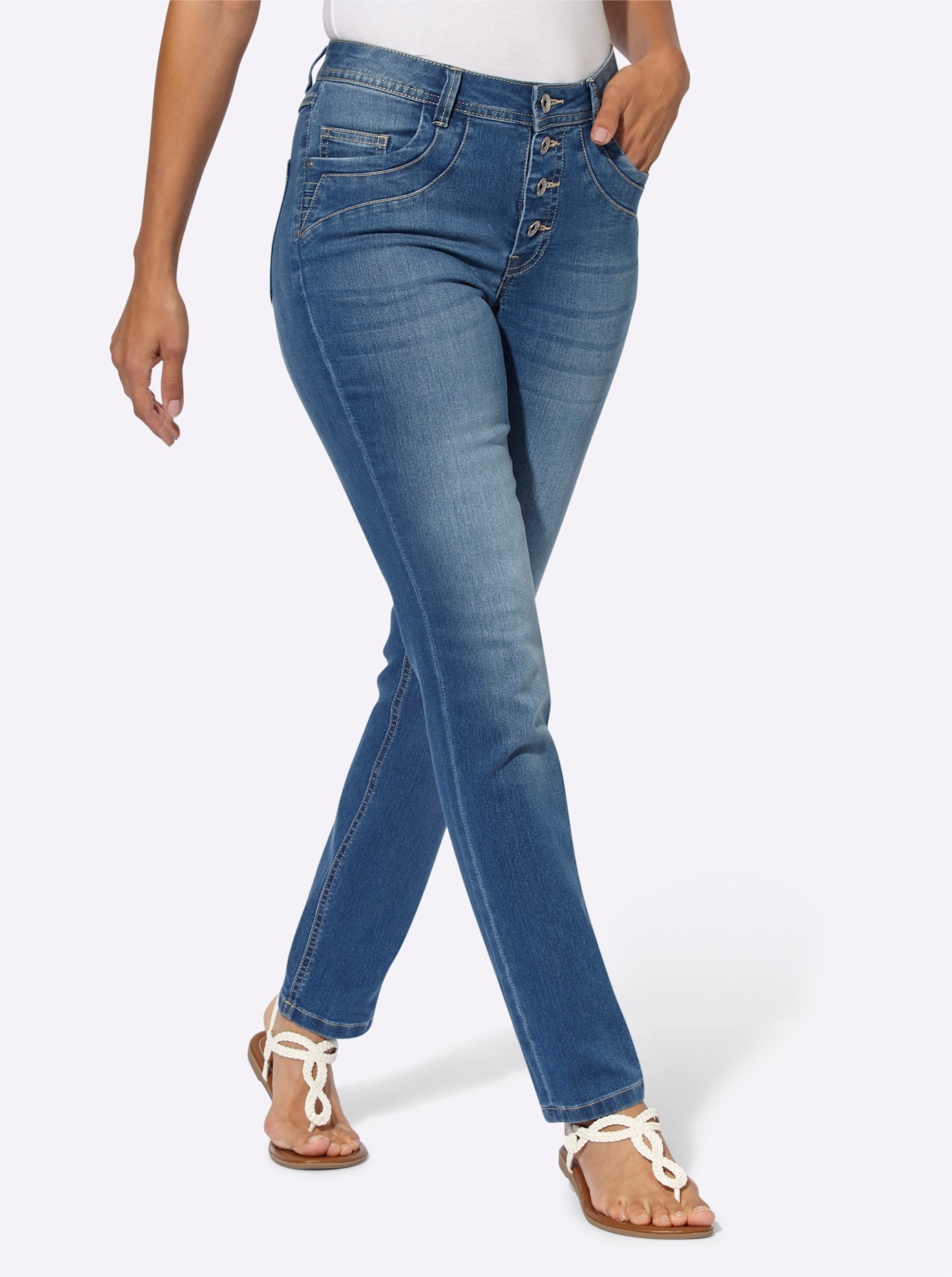 5-Pocket-Jeans CASUAL LOOKS, Damen, Gr. 24, Kurzgrößen, blau (blau, bleached), 81% Baumwolle, 17% Polyester, 2% Elasthan, unifarben, lang, Jeans 5-Pocket-Jeans