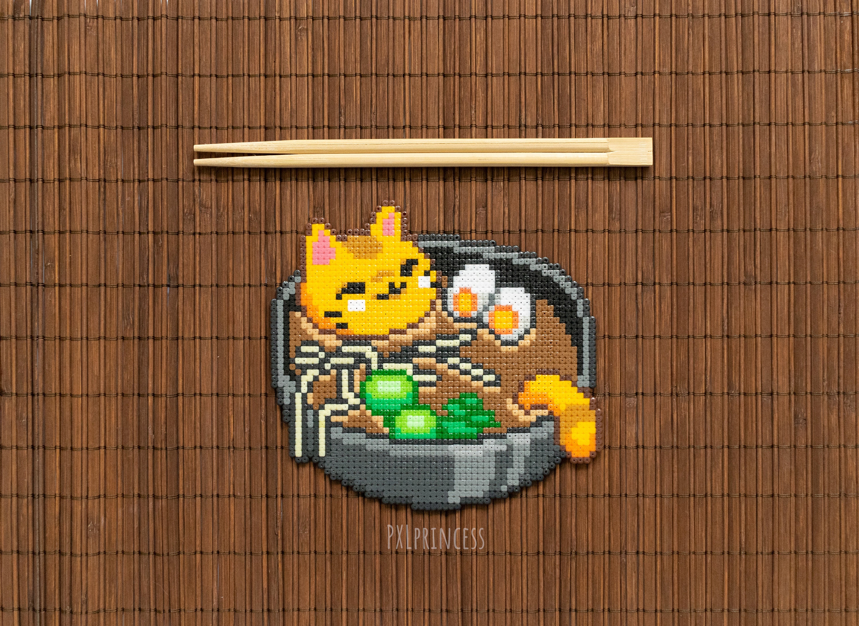 Ramen Cat Pixel art magnete Hama perler perline 8 bit arredamento Ramen noodles gatto regalo giapponese kawaii pixel art ramen perler