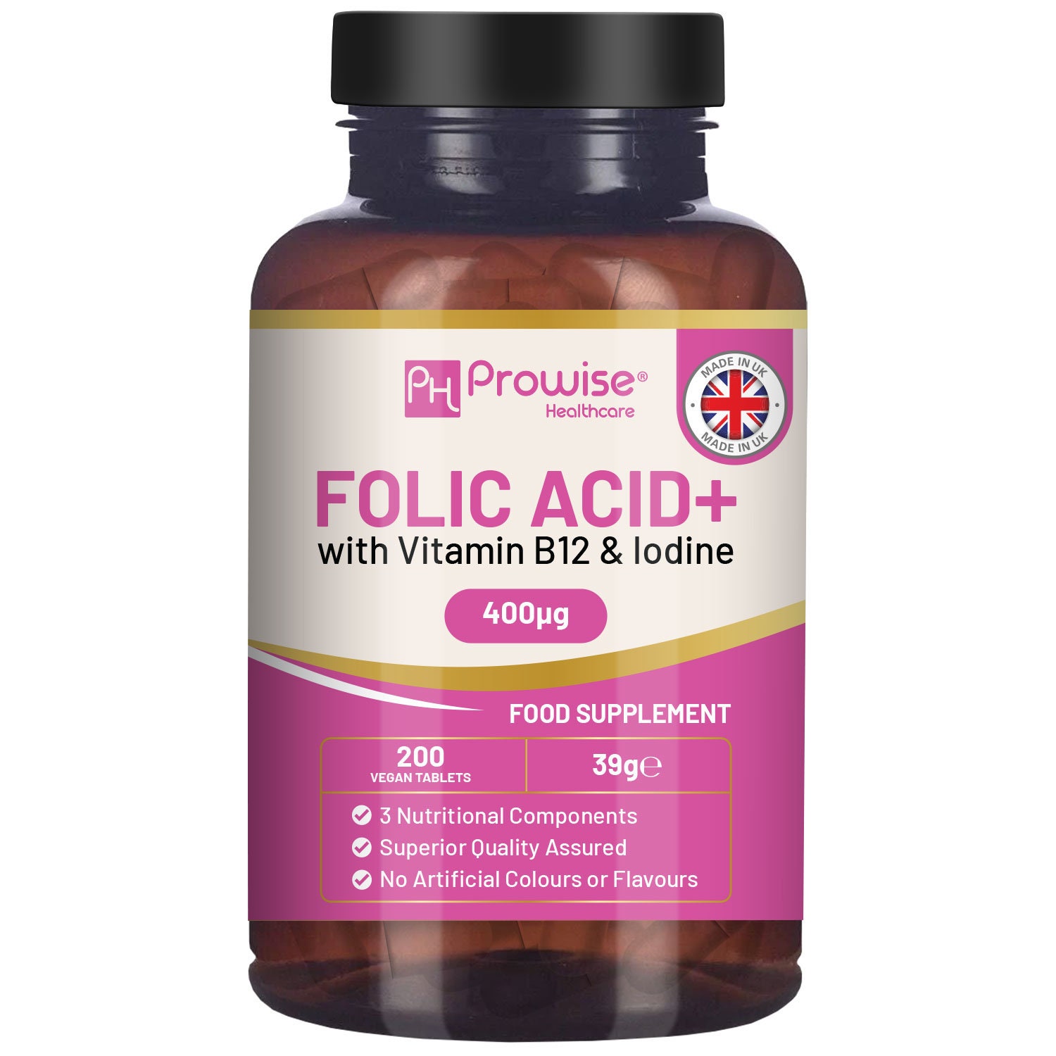 Acido Folico+ 400 mcg - Compresse Vegane con Vitamina B12 e Iodio / Compresse di Vitamina B9 / Prodotto nel Regno Unito da Prowise