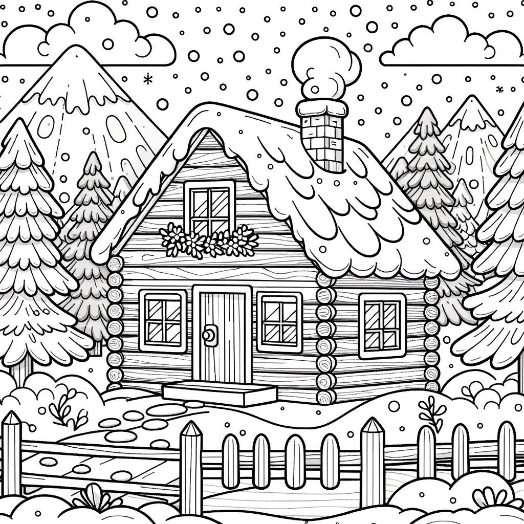 5 pagine da colorare di cabina invernale, pagine da colorare invernali, colorazione innevata, colorazione invernale