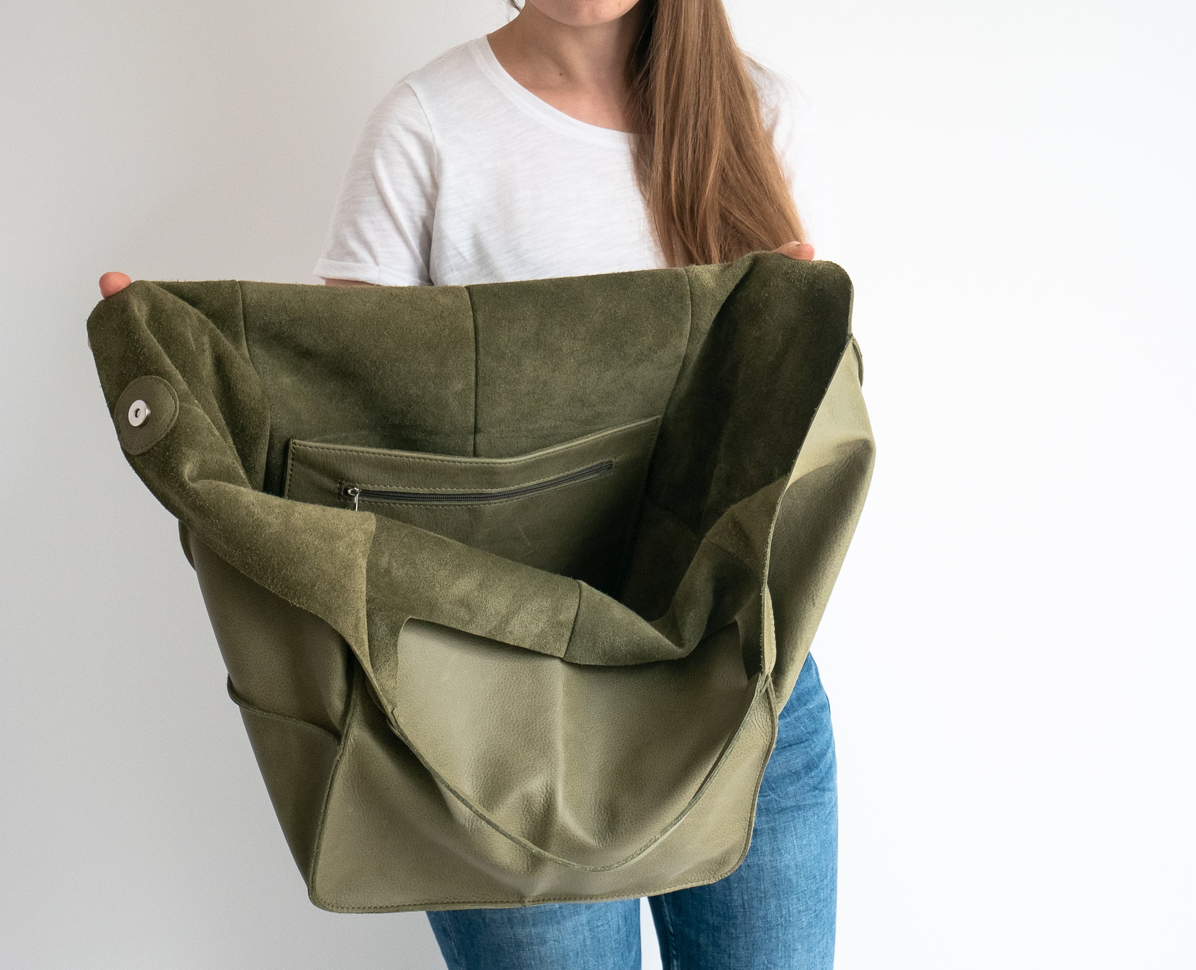 Borsa TOTE in PELLE verde oliva, borsa tote morbida, borsa a mano verde chiaro da donna, borsa per tutti i giorni, borsa in pelle da donna, borsa over