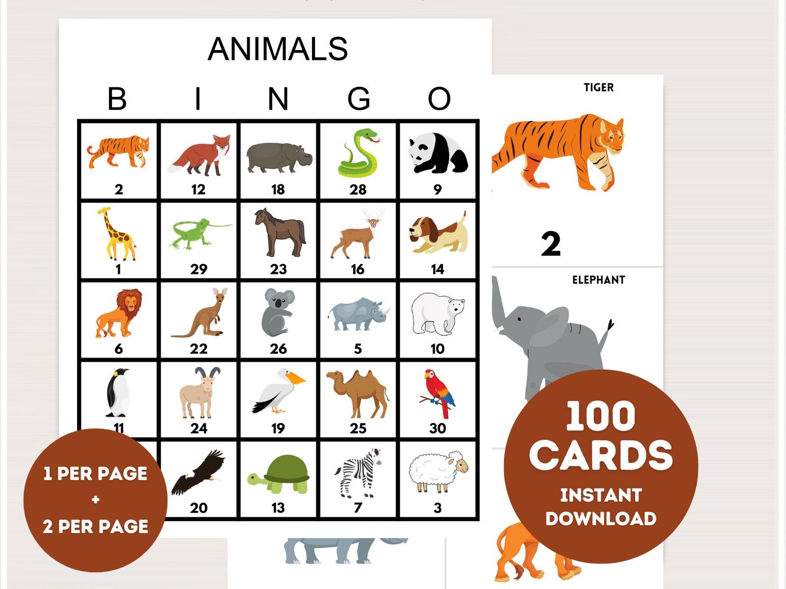 100x Schede Bingo Animali, Bingo per Feste di Compleanno Stampabile, Gioco del Bingo per Feste, Gioco di Compleanno, Bingo per Baby Shower, Gioco del