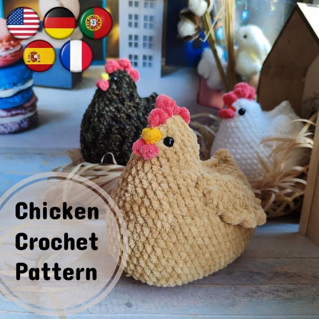 Schema per un pollo di peluche amigurumi all'uncinetto in formato PDF, schema per un simpatico pollo di peluche all'uncinetto in formato Amigurumi.