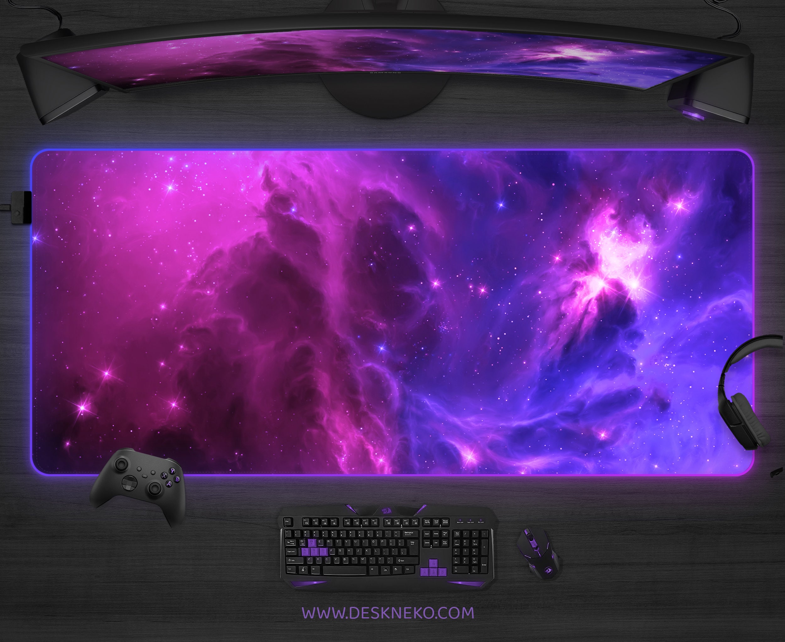 Tappetino da scrivania per gaming, galassia spaziale, tappetino per mouse Nebula RGB LED grande, pianeta blu viola, estetica nerd, tappetino per mouse