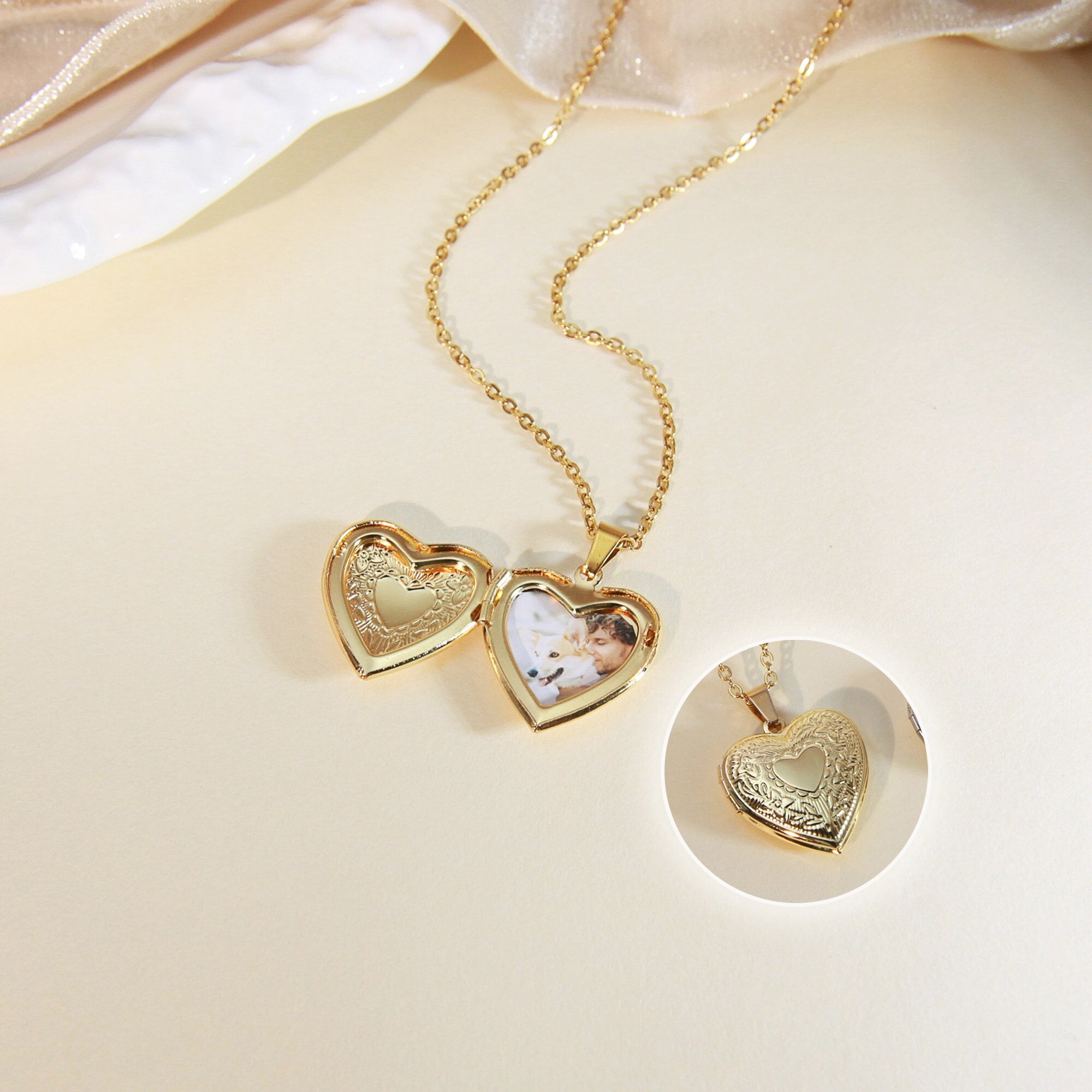 Collana con ciondolo a cuore in oro 14 carati, collana con ciondolo a cuore con foto, collana con ciondolo a cuore vintage in oro, ciondolo apribile,