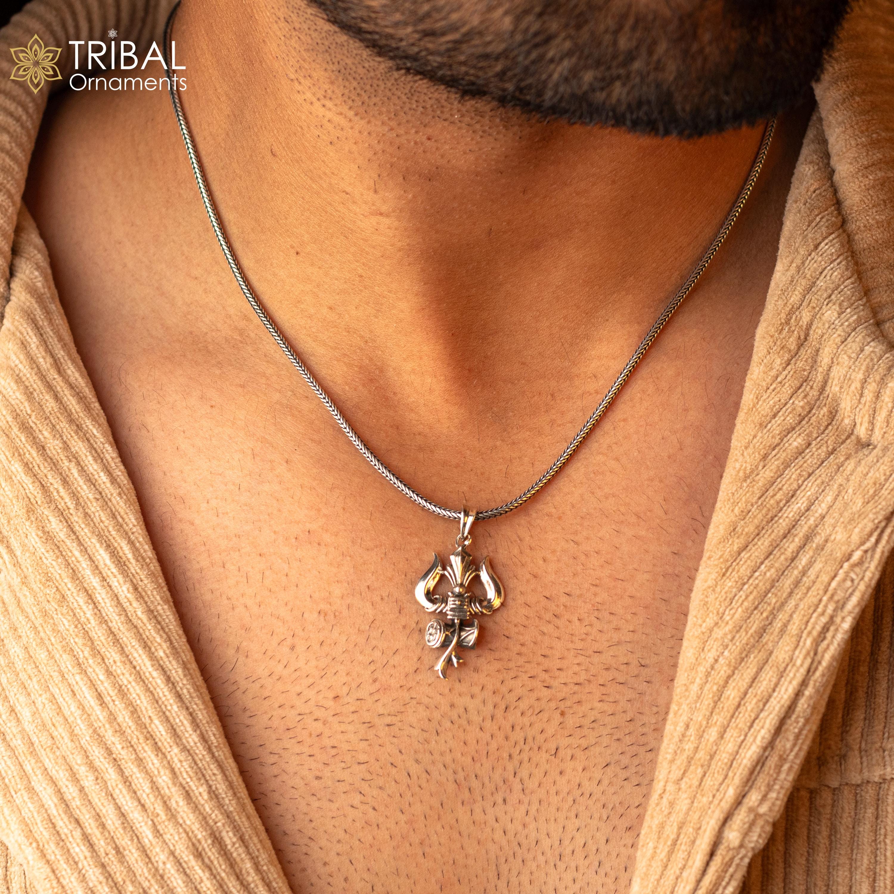 Ciondolo tridente/trishul in argento sterling 925 raffigurante l'idolo indù del Signore Shiva, straordinario ciondolo medaglione dal design vintage, g