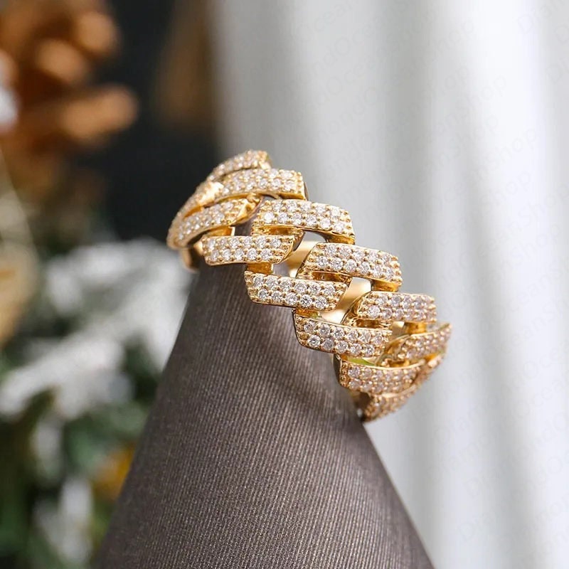 Anello in argento sterling con maglie cubane e diamanti, anello minimalista con maglie cubane, anello in oro massiccio 14k per uomo/donna, anello cuba