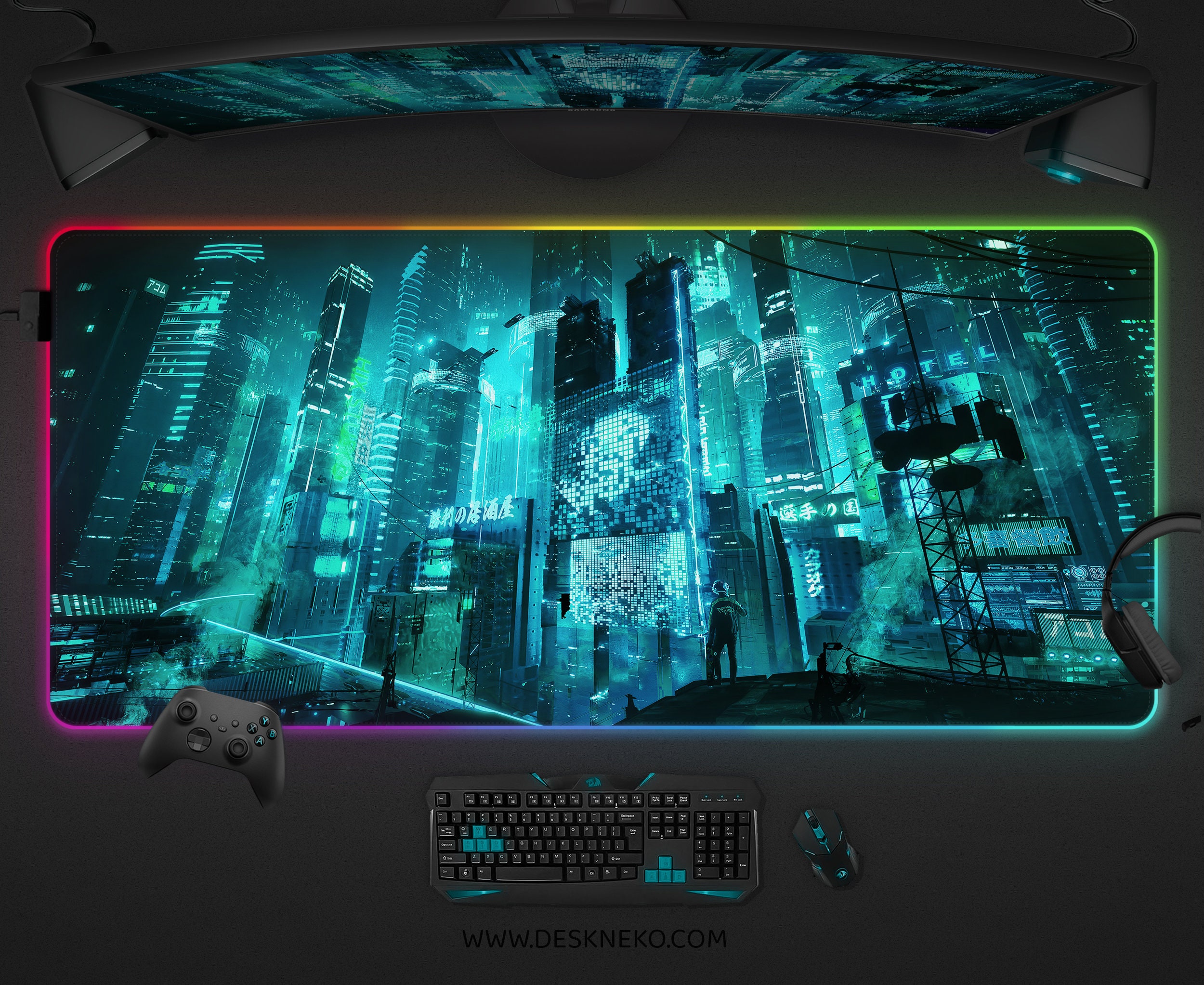 Tappetino da scrivania per gaming ciano, tappetino per mouse cyberpunk grande, tappetino per tastiera RGB LED XXL XL, estetica anime neon, tappetino p