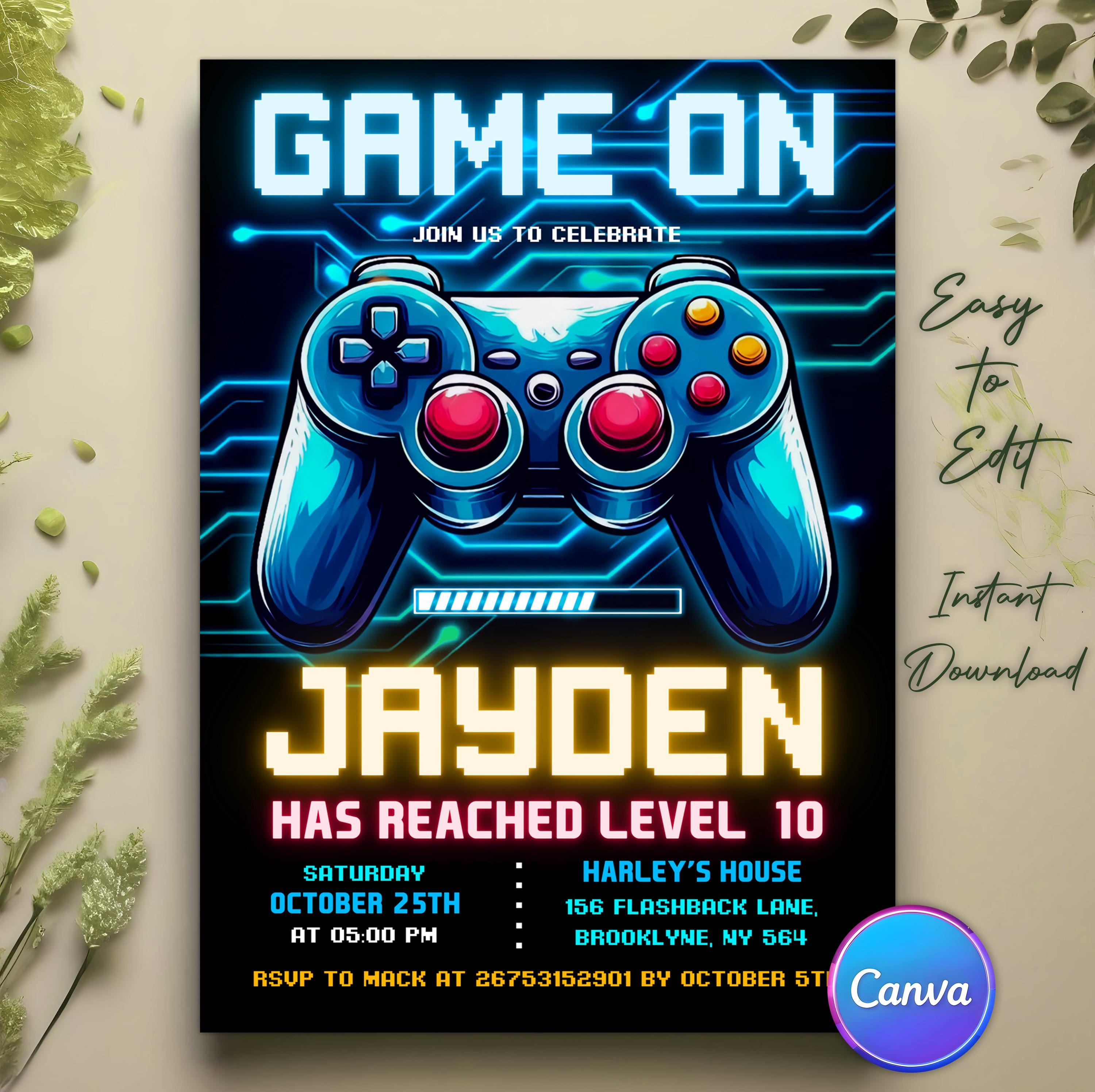 Invito di compleanno a tema videogiochi, inviti per feste di videogiochi, festa di compleanno a tema neon Level Up, invito per festa a tema neon Glow,