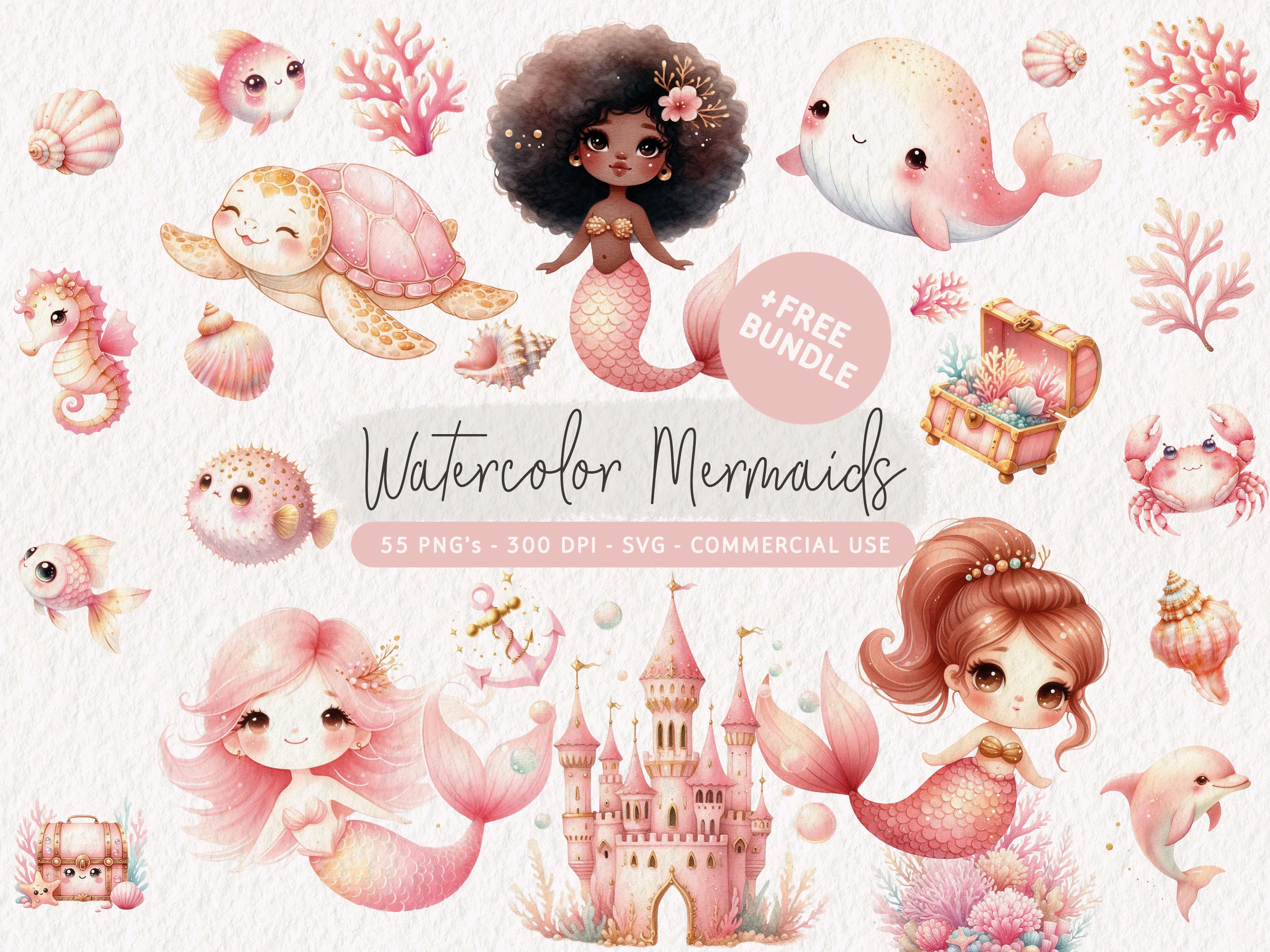 Pacchetto clipart sirena acquerello, set di clipart sirena rosa, sirene carine PNG, animali marini carini, sirena SVG, clipart vita marina, nautico
