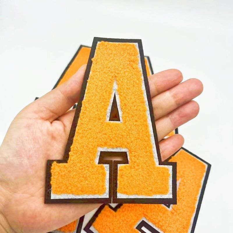 Toppa termoadesiva in ciniglia con lettere arancioni da 4,7 pollici, toppa con lettere grandi, lettere ricamate, toppe con nome fai da te, toppe con a