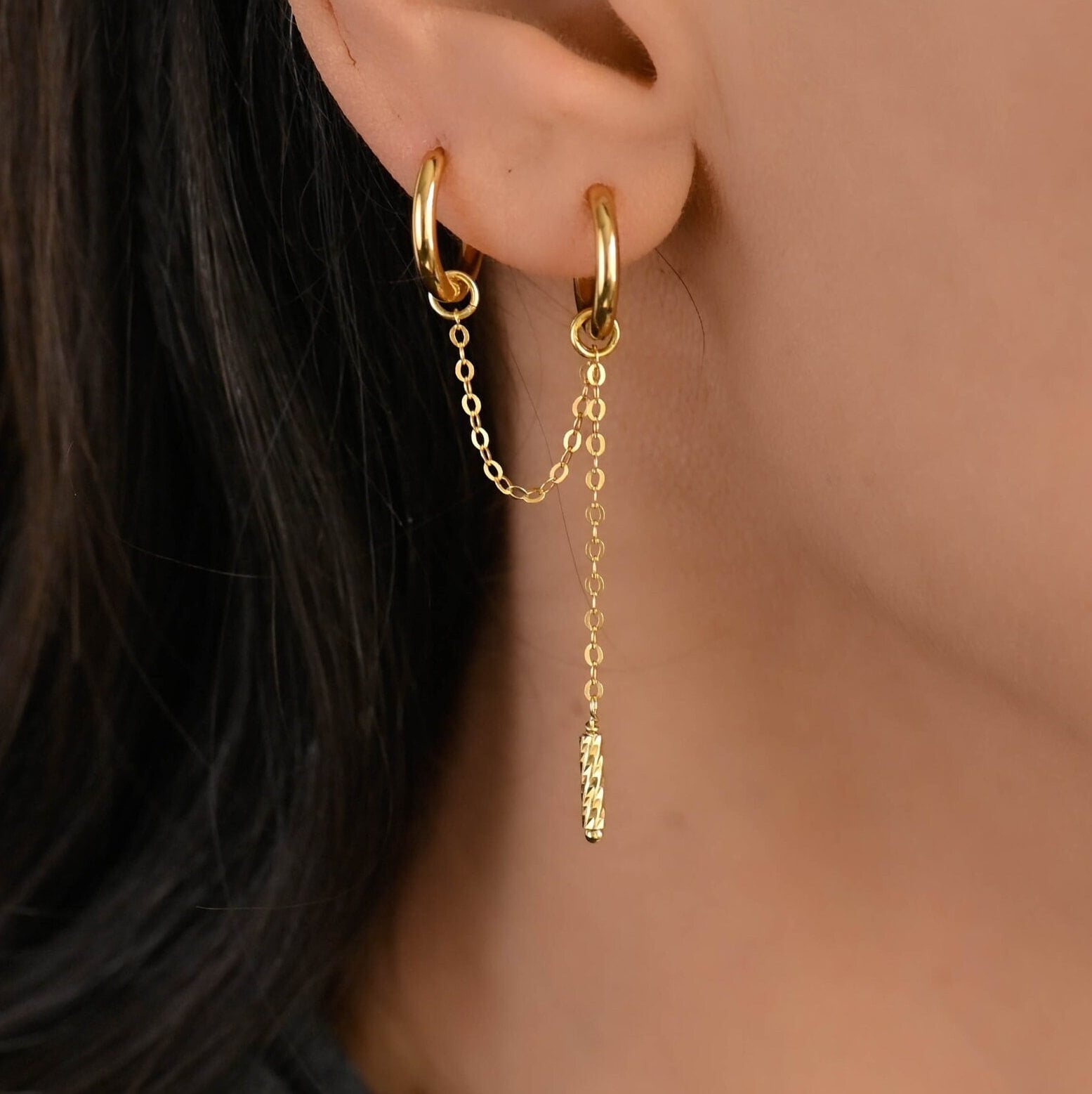 Orecchini a catena con piercing a doppio lobo, aggiunta di catena per orecchini, orecchini a catena con piercing doppio, orecchini a cerchio collegati