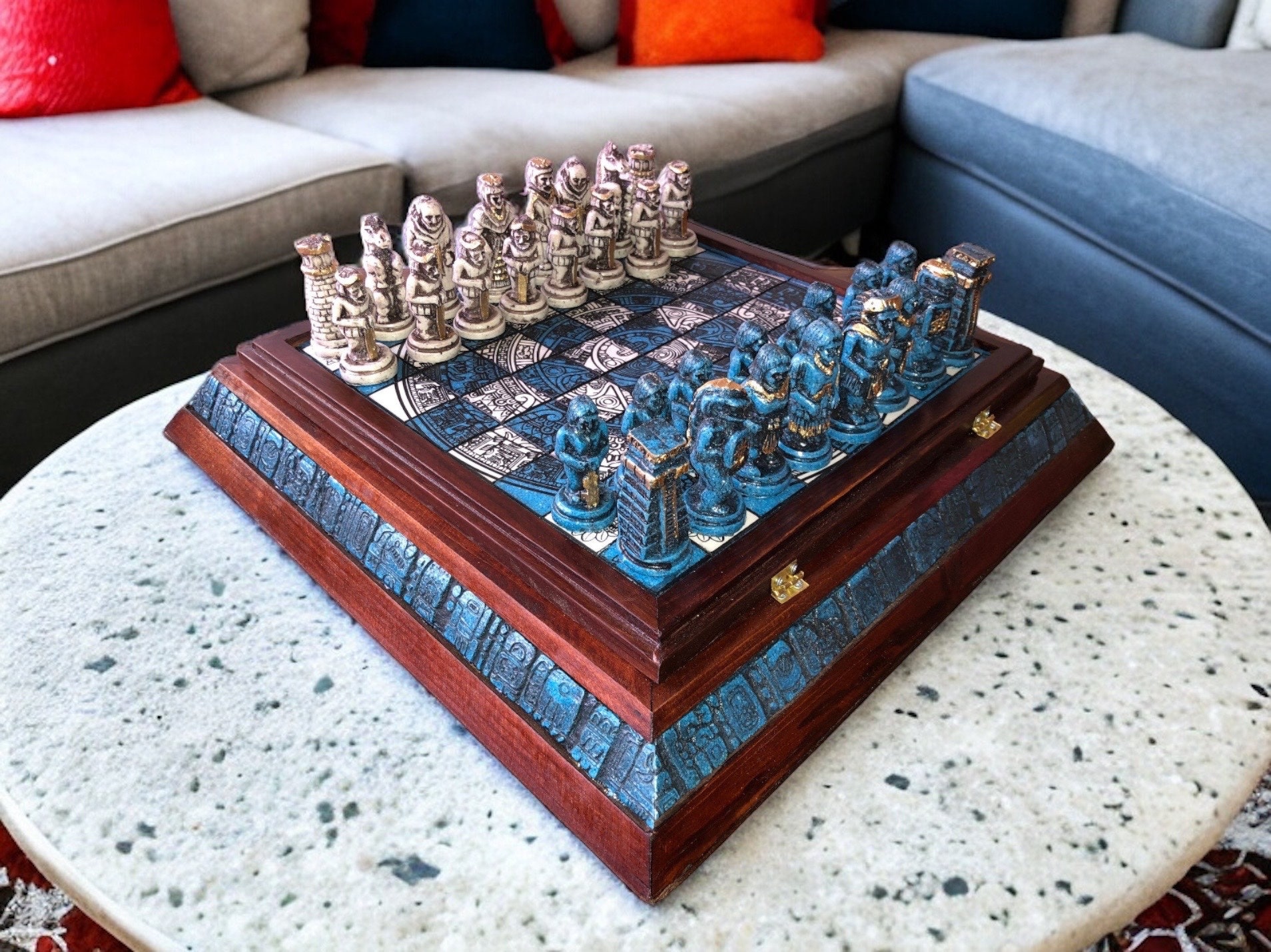 Set di scacchi, Set di scacchi in resina blu e bianco, Scacchi messicani, Set di scacchi fatto a mano, Set di scacchi sovietico, Scacchi in legno
