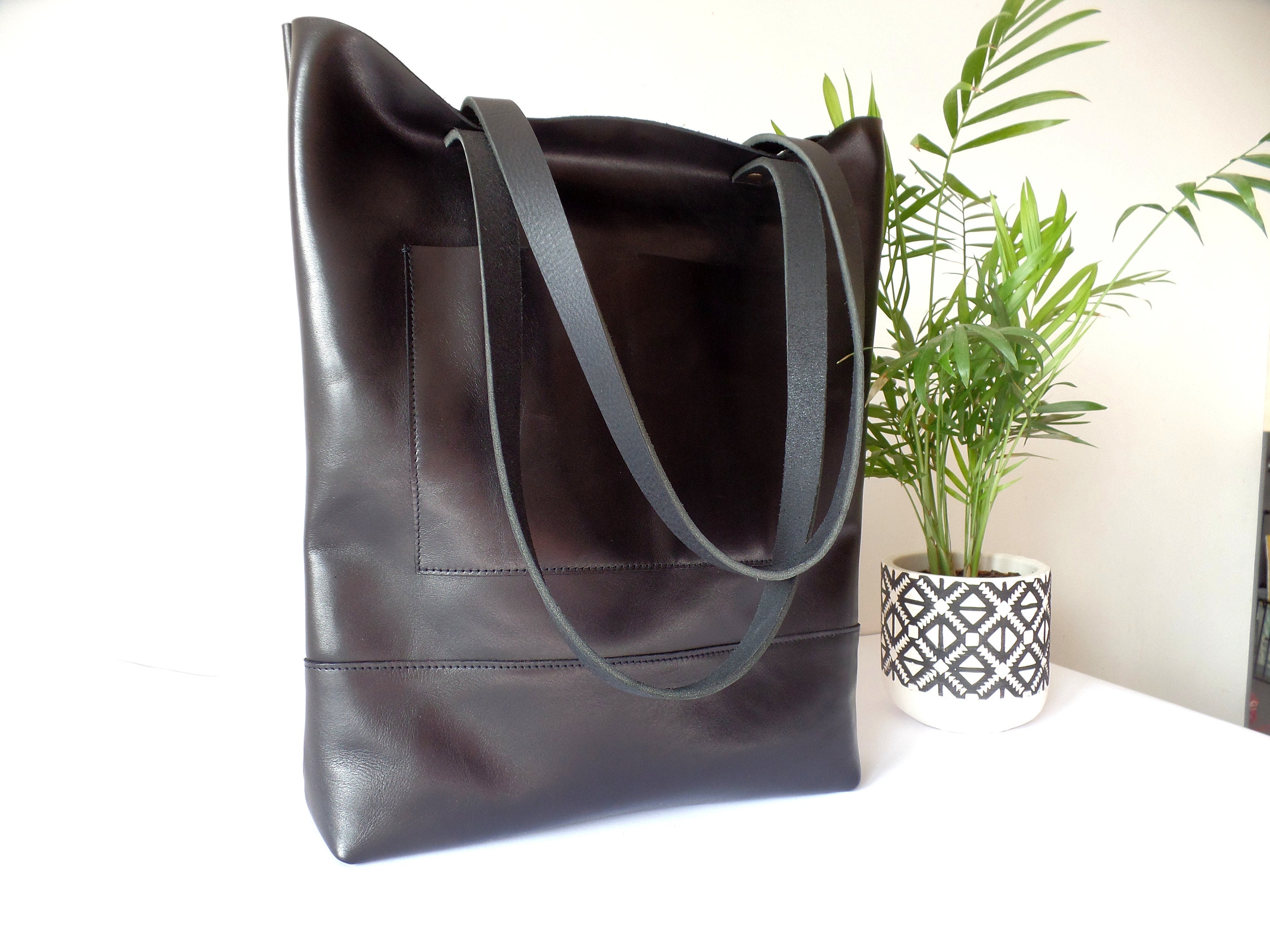Borsa tote in pelle pieno fiore nera con tasca esterna, borsa in vera pelle, borsa in pelle grande, borsa a tracolla in vera pelle, borsa in pelle alt
