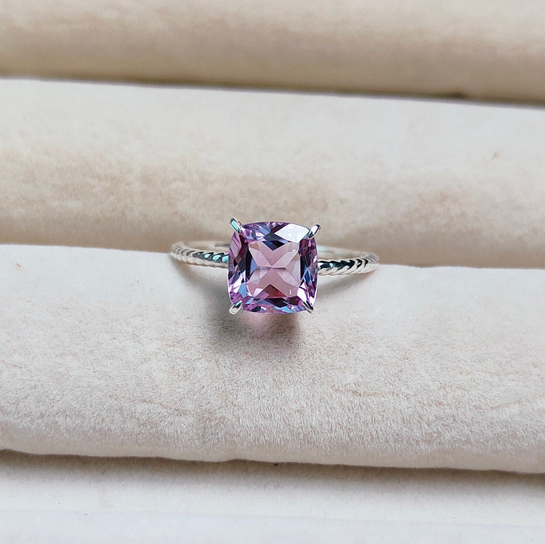 anello rose de France, anello ametista rosa, anello argento sterling 925, anello ametista lavanda, anello regalo, rose de france taglio cuscino