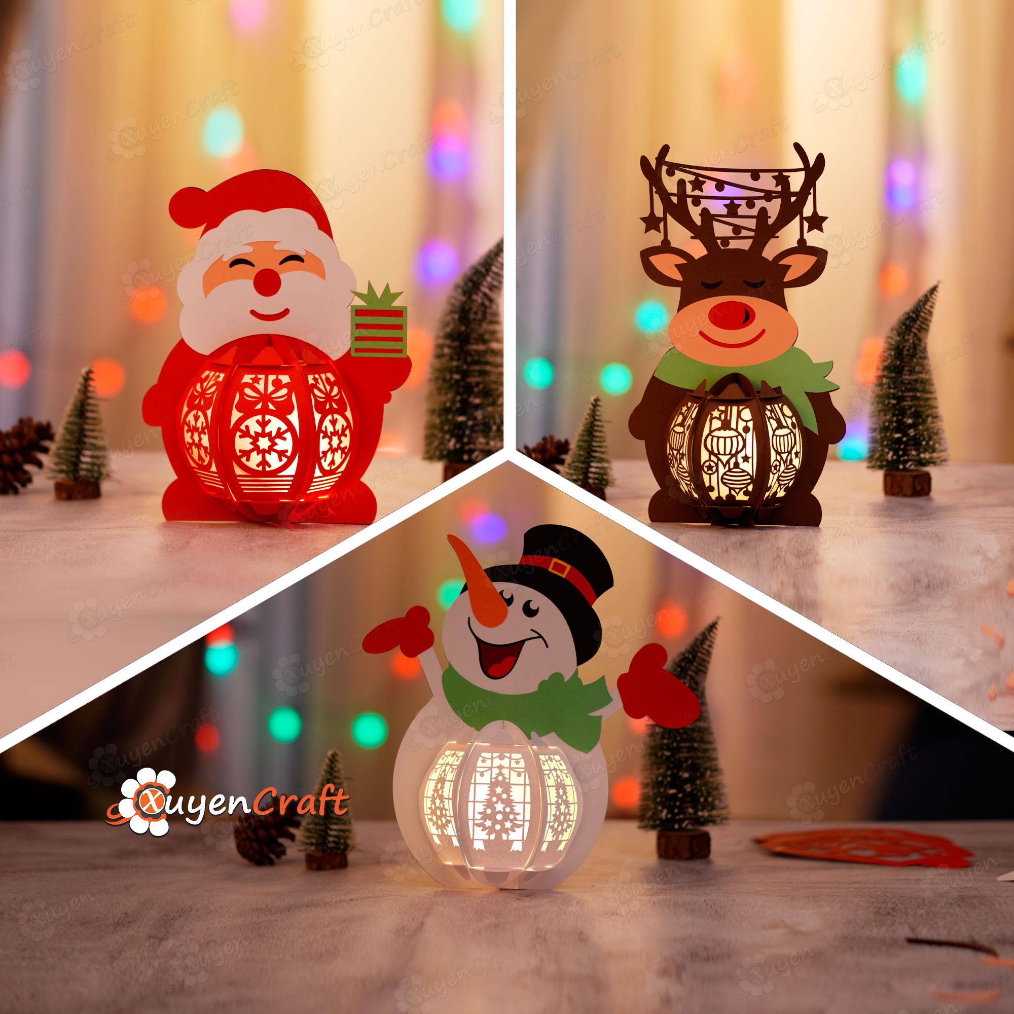 Pacchetto 3 Lanterne di Natale PDF, SVG, Modelli Studio per la tua Lanterna fai da te a forma di pupazzo di neve, Lanterna di Babbo Natale, Lanterna d