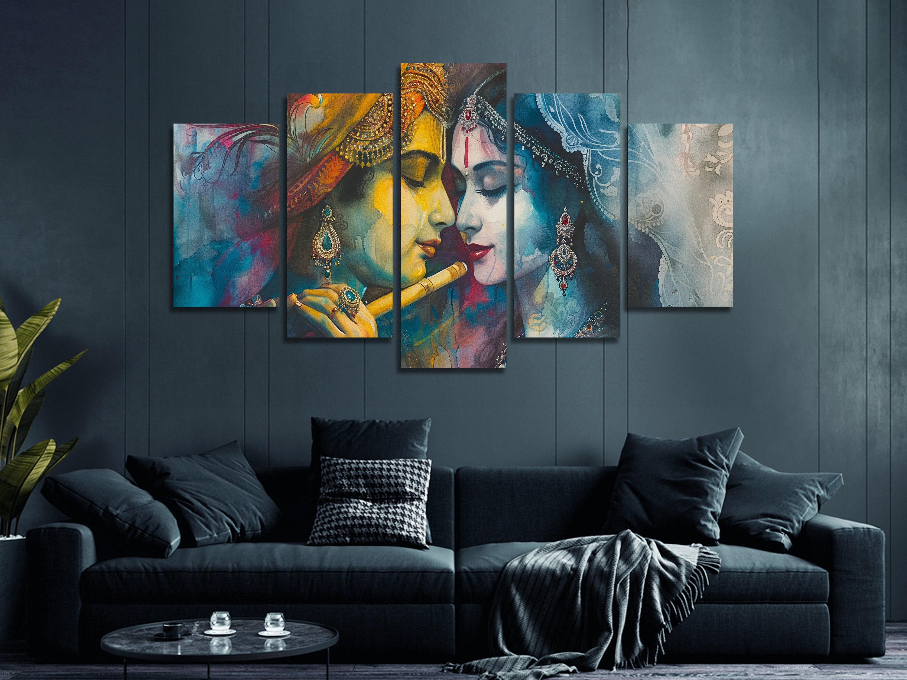 Radha e Krishna Multi Canvas Wall Art, Grande Canvas Wall Art con cornice, Extra Large Canvas Wall Art con cornice, 3 4 5 pezzi Canvas Wall Art