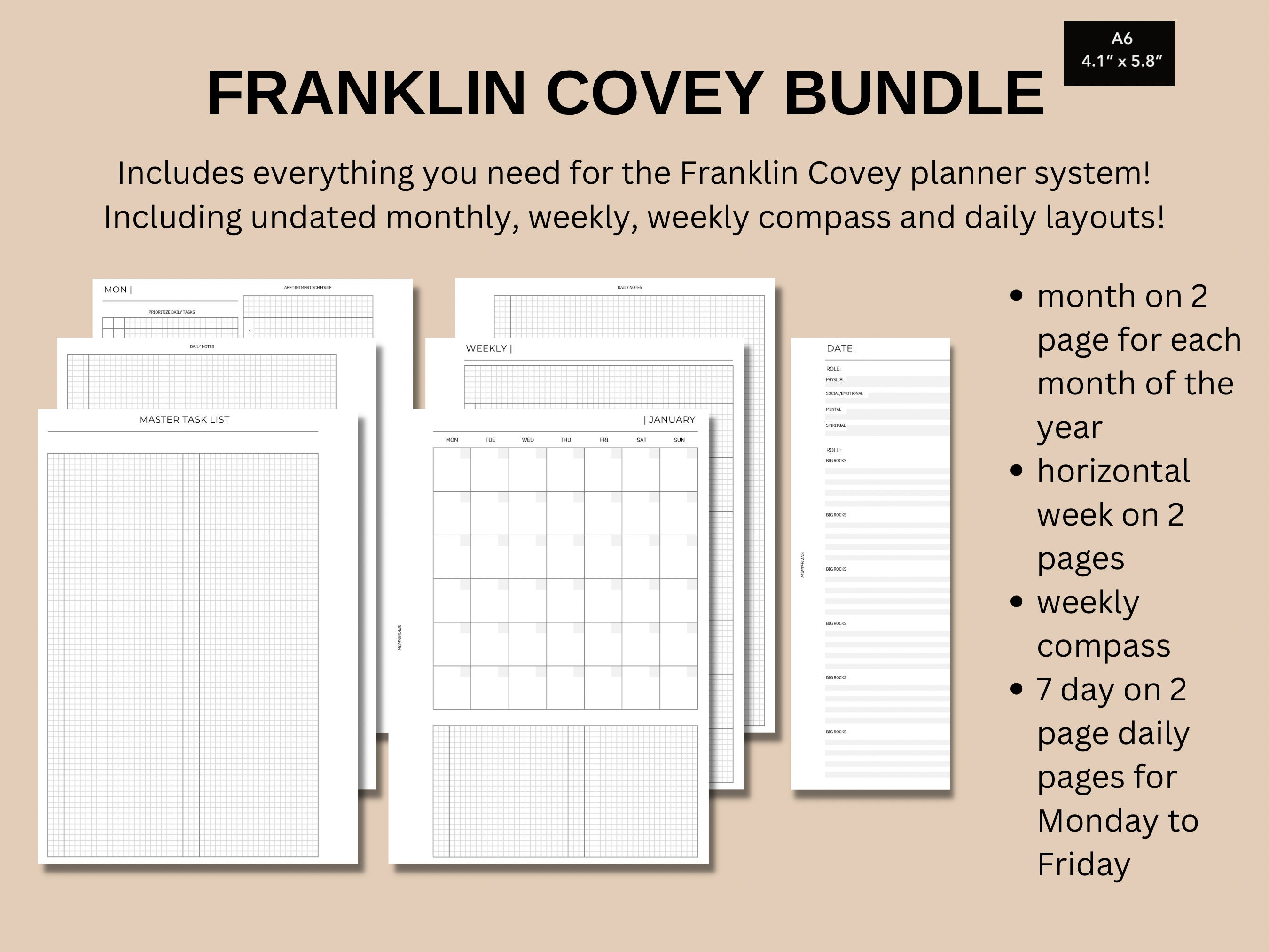 Pacchetto Franklin Covey A6, inserti stampabili del sistema Franklin Covey, inserti pianificatori stampabili A6, ricariche pianificatore Franklin Cove