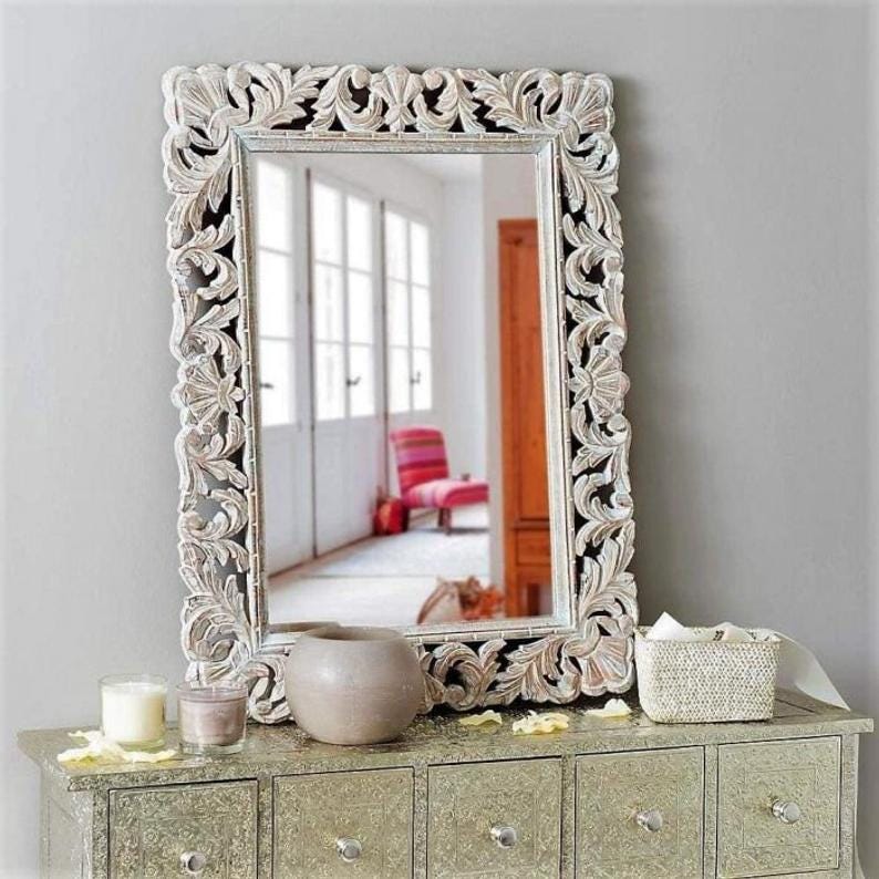 Specchi decorativi moderni in legno bianco, specchio moderno di metà secolo per decorazioni murali, specchio da parete decorato, grande specchio intag