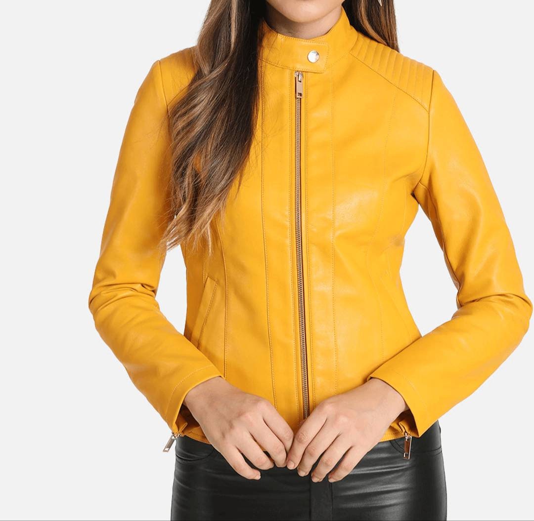 Giacca da motociclista in pelle gialla slim fit da donna, giacca da motociclista gialla da donna, giacca in pelle gialla da donna, giacca gialla da do