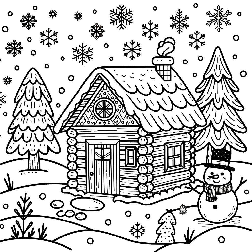 5 pagine da colorare di cabina invernale, pagine da colorare invernali, colorazione innevata, colorazione invernale