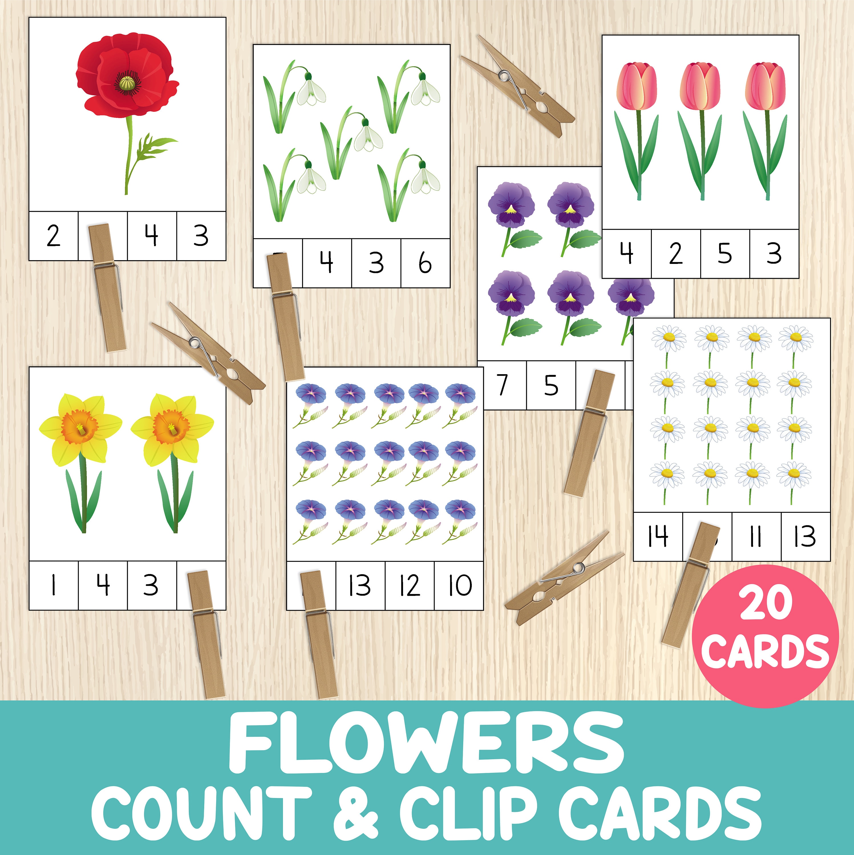 Carte con fiori da contare e ritagliare, numeri da 1 a 20, attività di conteggio, gioco di primavera, matematica per la scuola materna, capacità motor