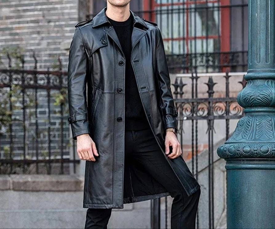 Trench in pelle nera da uomo con petto sartoriale, cappotto lungo in pelle nera da uomo, cappotto da guida in pelle nera da uomo, cappotto in pelle ne