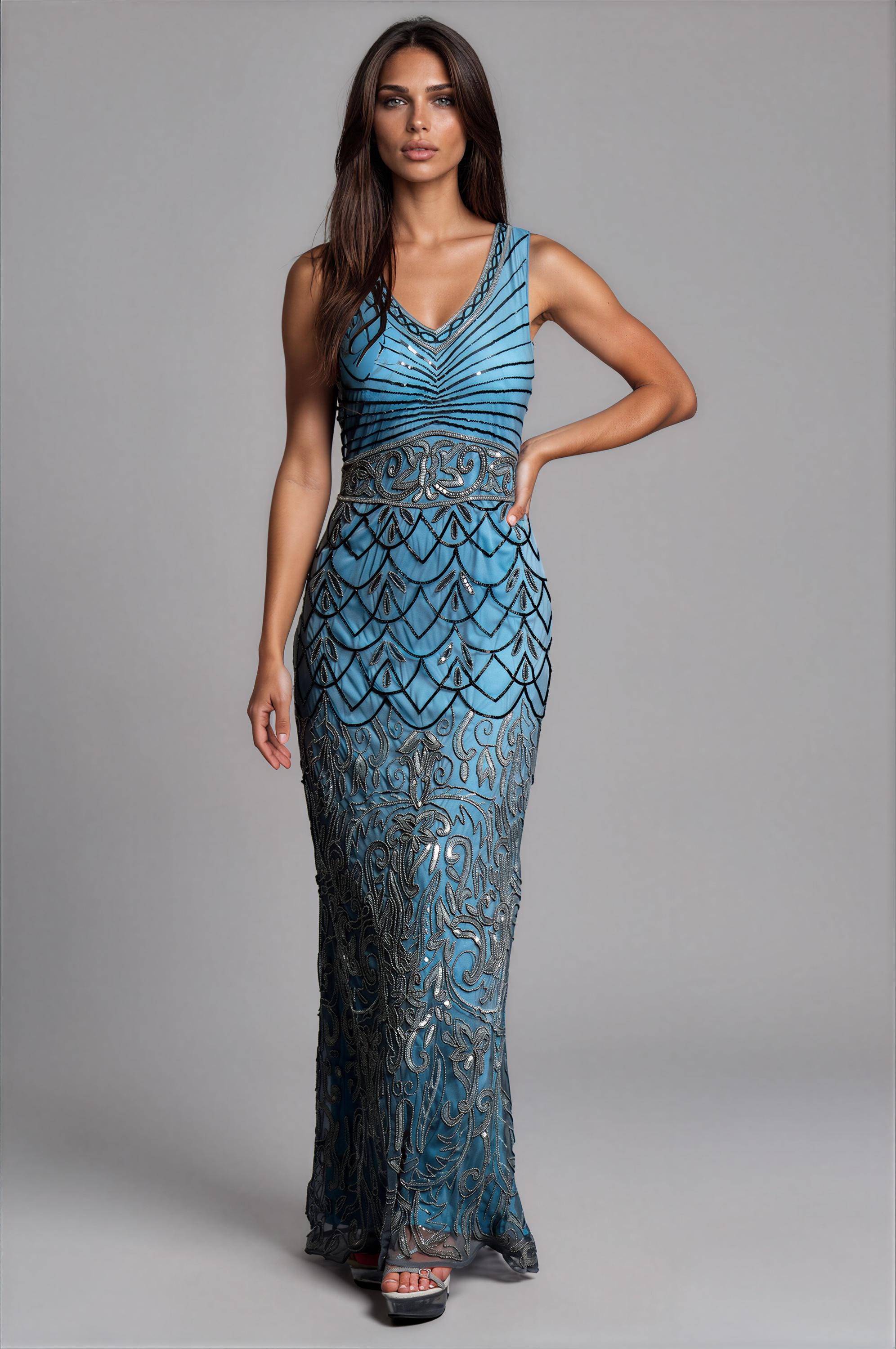 Eva - Abito blu stile Gatsby anni '20 / Abito flapper Art Déco con perline / Abito da sposa ispirato a Downton Abbey / Abito da sera con paillettes an
