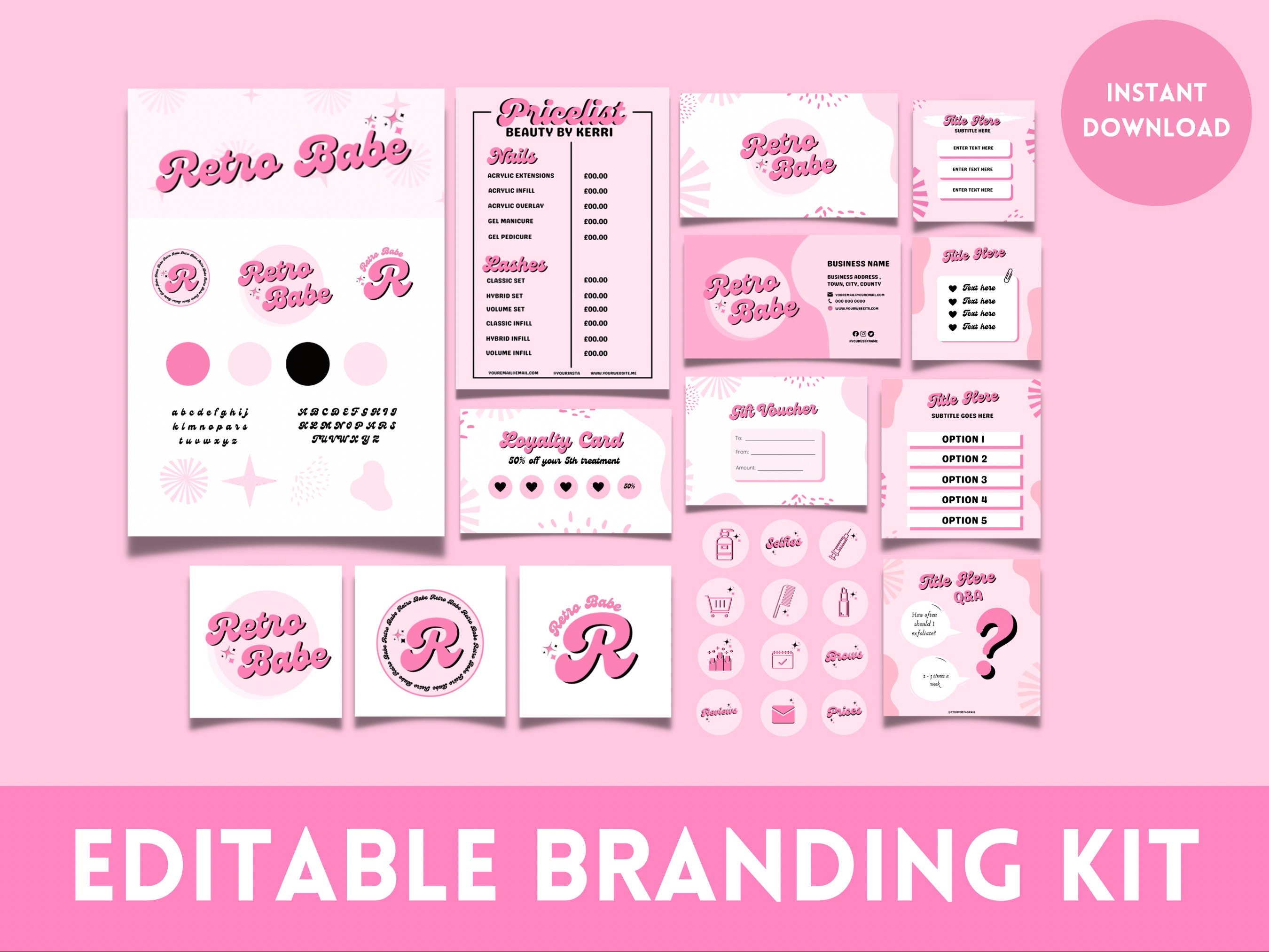 Kit di branding di bellezza Canva, set di loghi fai da te, biglietti da visita, voucher, modelli di post di Instagram, copertine in evidenza, retrò ro