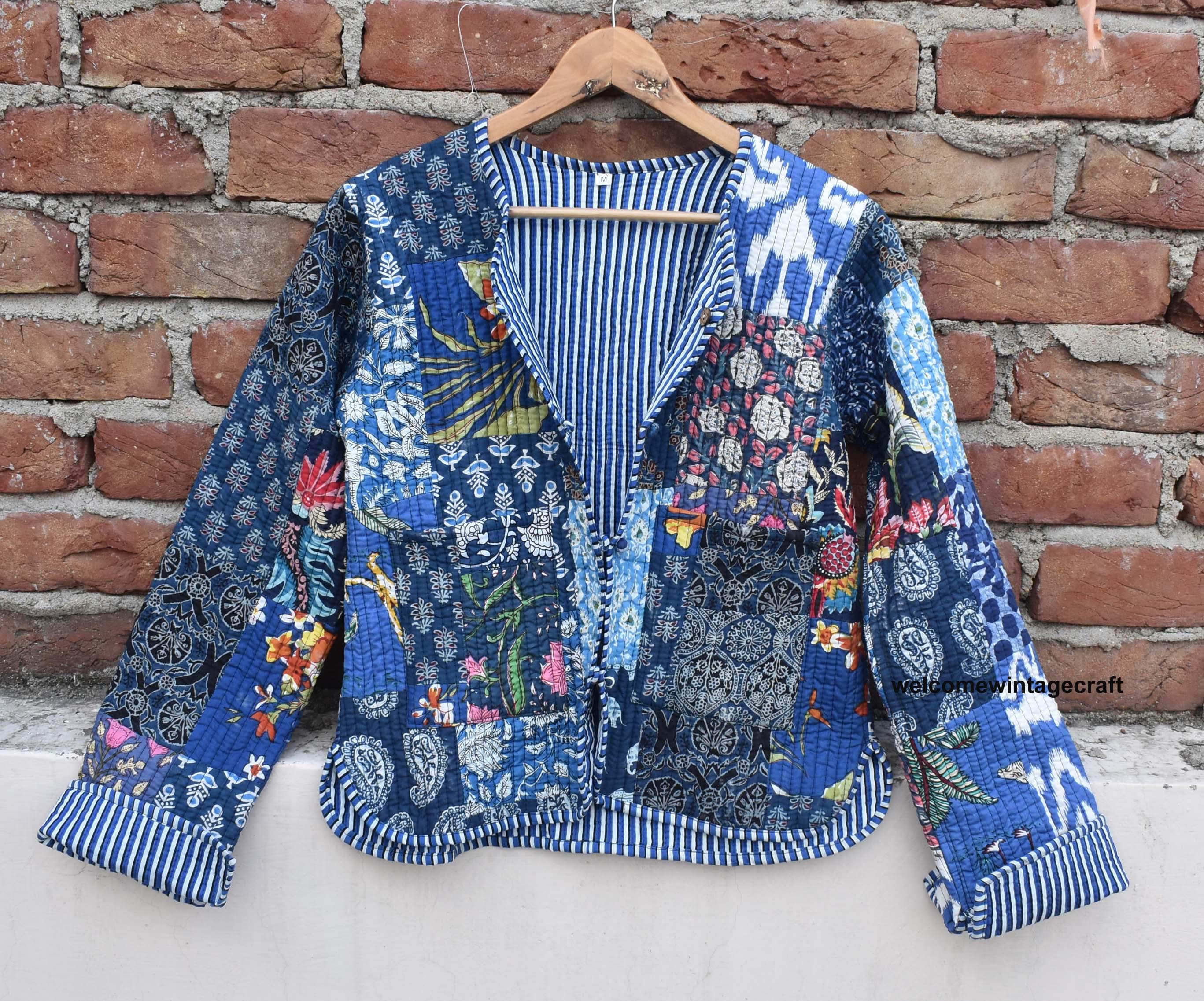 Giacca trapuntata in cotone da donna, con apertura frontale, kimono con profili a righe, giacca trapuntata vintage fatta a mano, cappotti, nuovo stile