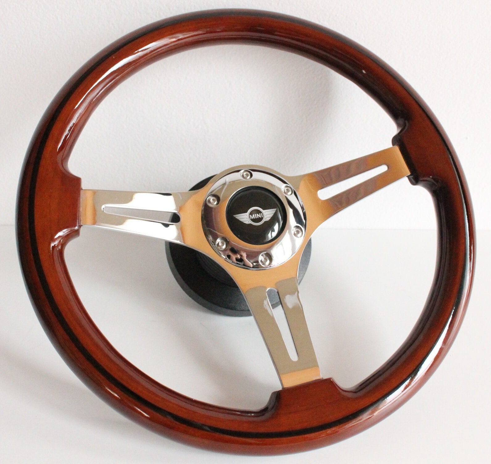 Volante adatto per Mini Cooper Usato, personalizzato, ricostruito in legno cromato, 350 mm, vintage, ricostruito a mano per Austin Clubman Metro MG 13