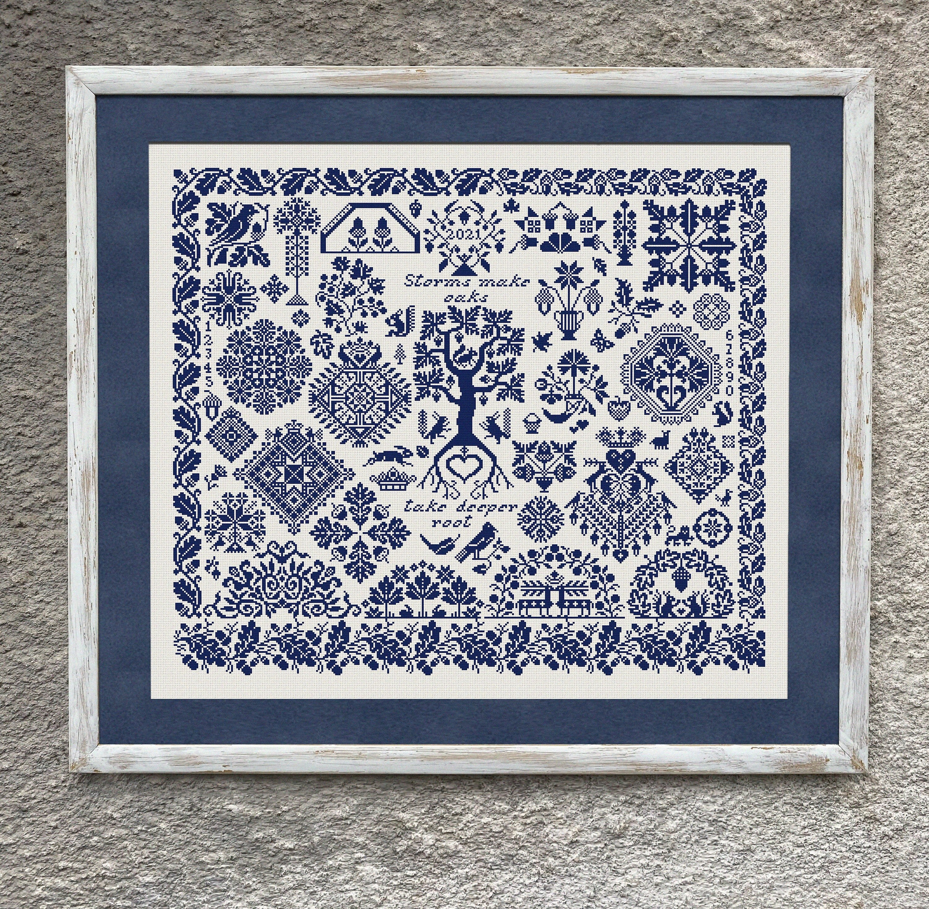 Schema punto croce Quaker Sampler, schema punto croce, sampler monocromatico, ricamo punto croce Oak Sampler, download immediato PDF