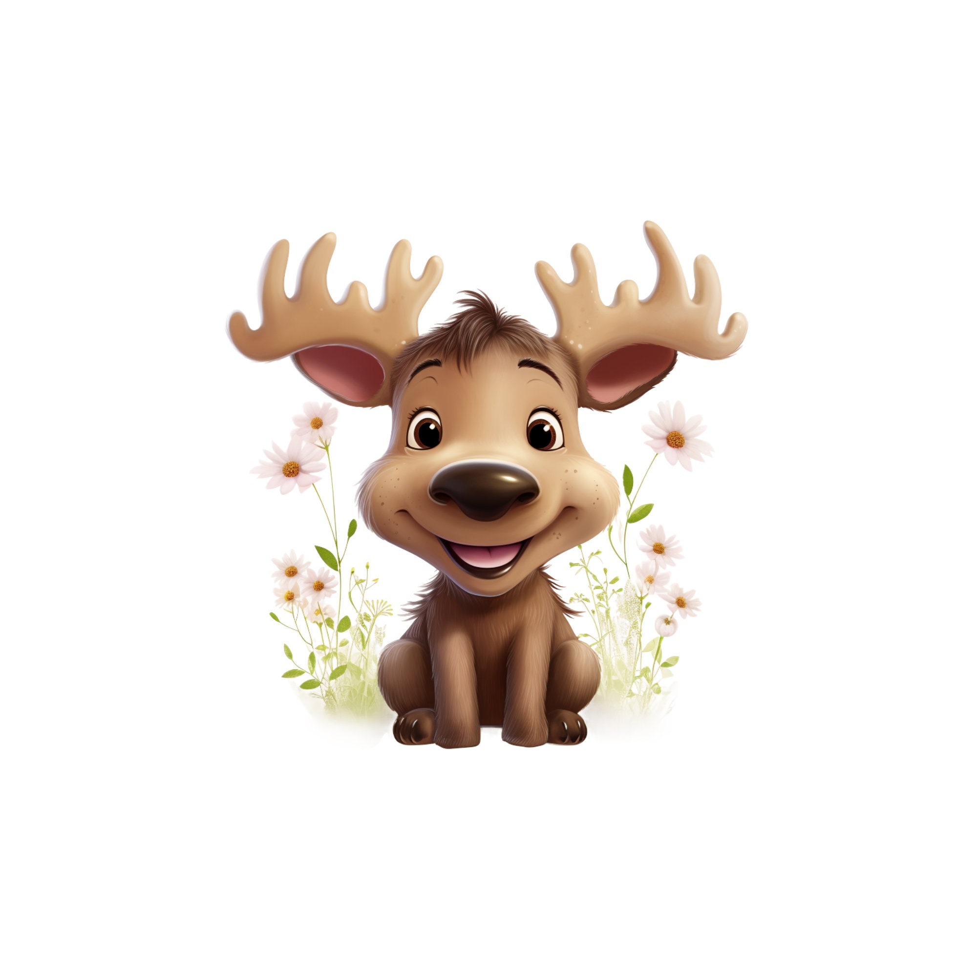 Clipart carino alce, cucciolo di alce PNG, download digitale trasparente, alce con fiori, clipart per bambini, cucciolo di animale PNG, clipart carino