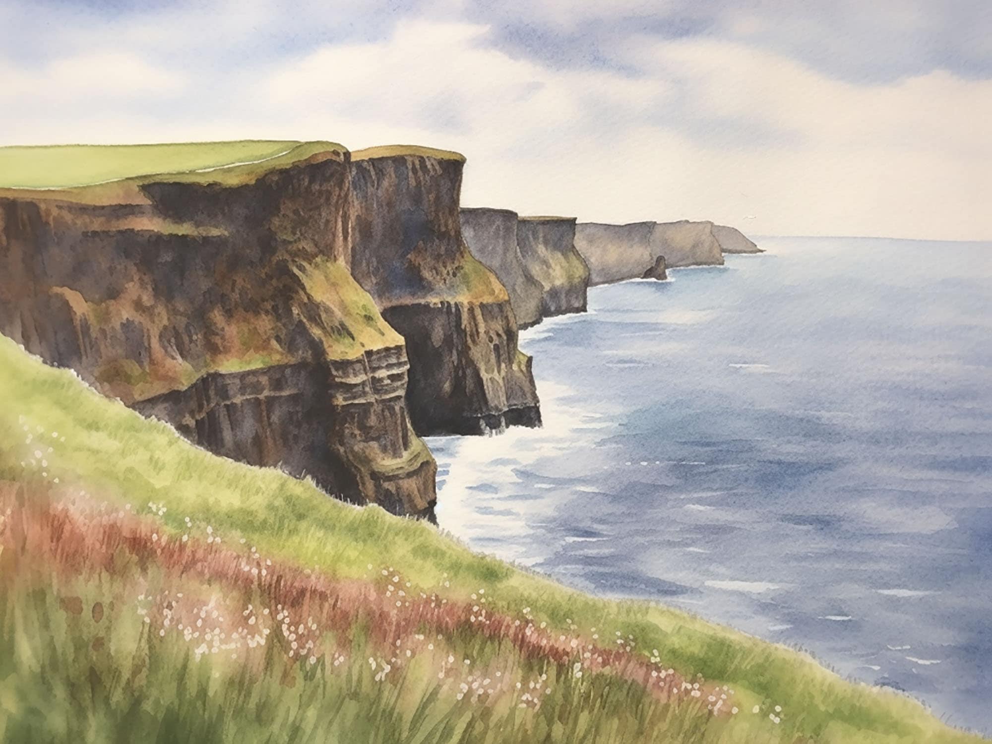 Dipinto delle scogliere di Moher, Irlanda, acquerello, stampa artistica, arte murale costiera irlandese, terre celtiche, poster con paesaggio marino