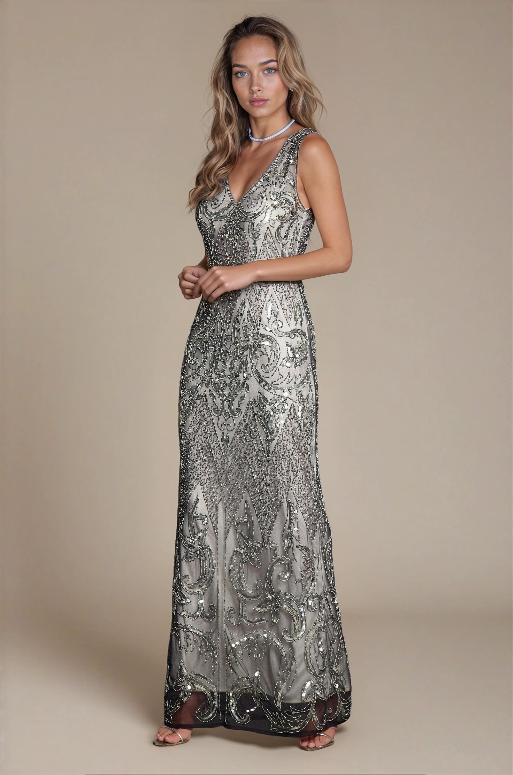 Abito flapper anni '20, abito grigio stile Gatsby / Abito da sera Art Déco con paillettes e perline / Abito vintage per invitata a un matrimonio / Abi