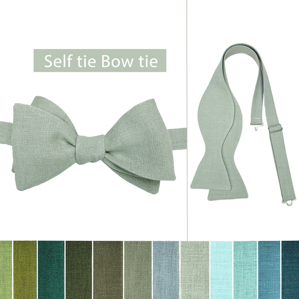 Papillon da annodare verde salvia chiaro, gemelli, fazzoletto da taschino, bretelle, lino verde salvia chiaro set papillon da annodare per matrimonio
