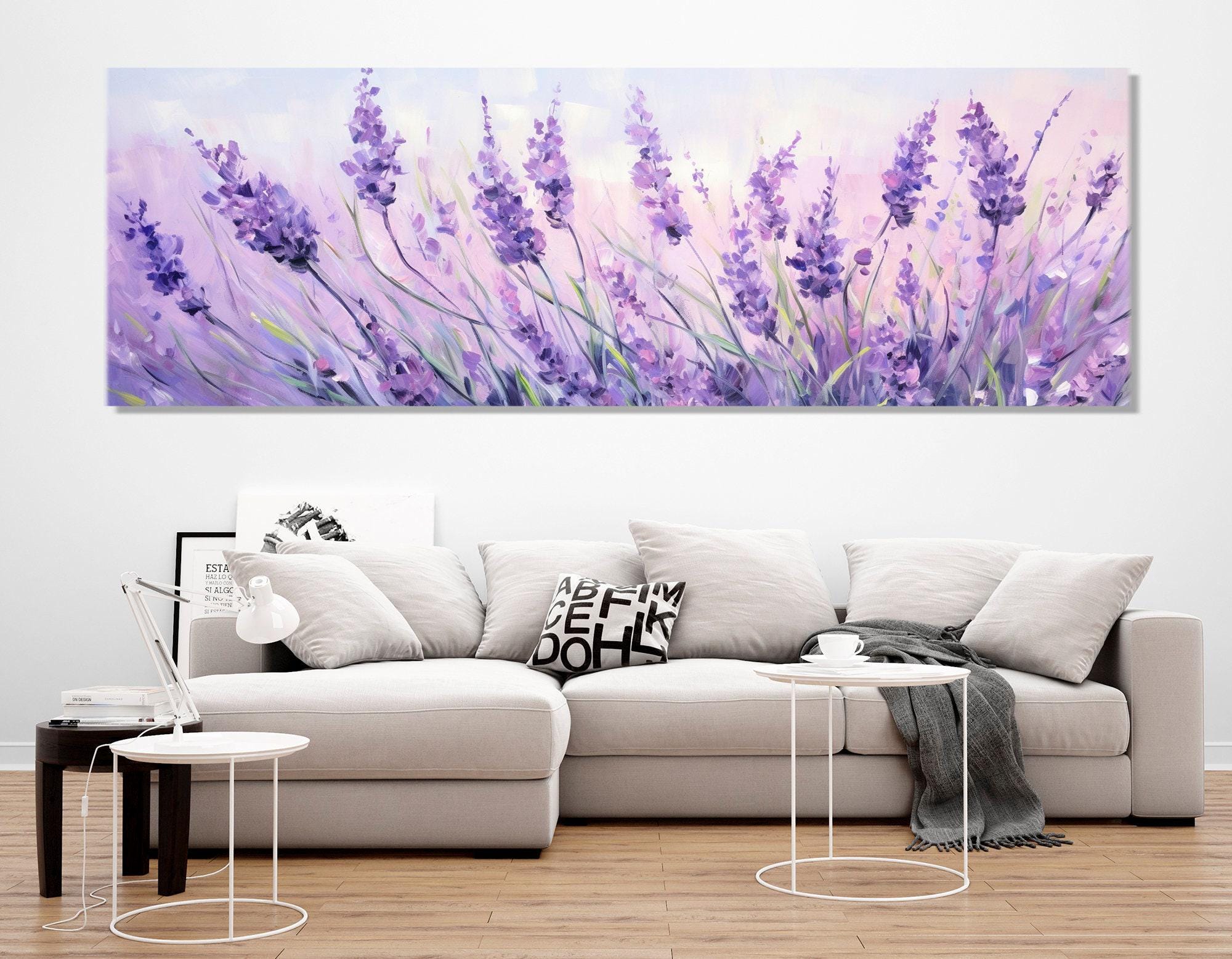 "Stampa su tela con dipinto \"Campo di lavanda\", quadro panoramico, grande quadro floreale su tela, dipinto di un campo di fiori, incorniciato e pronto"