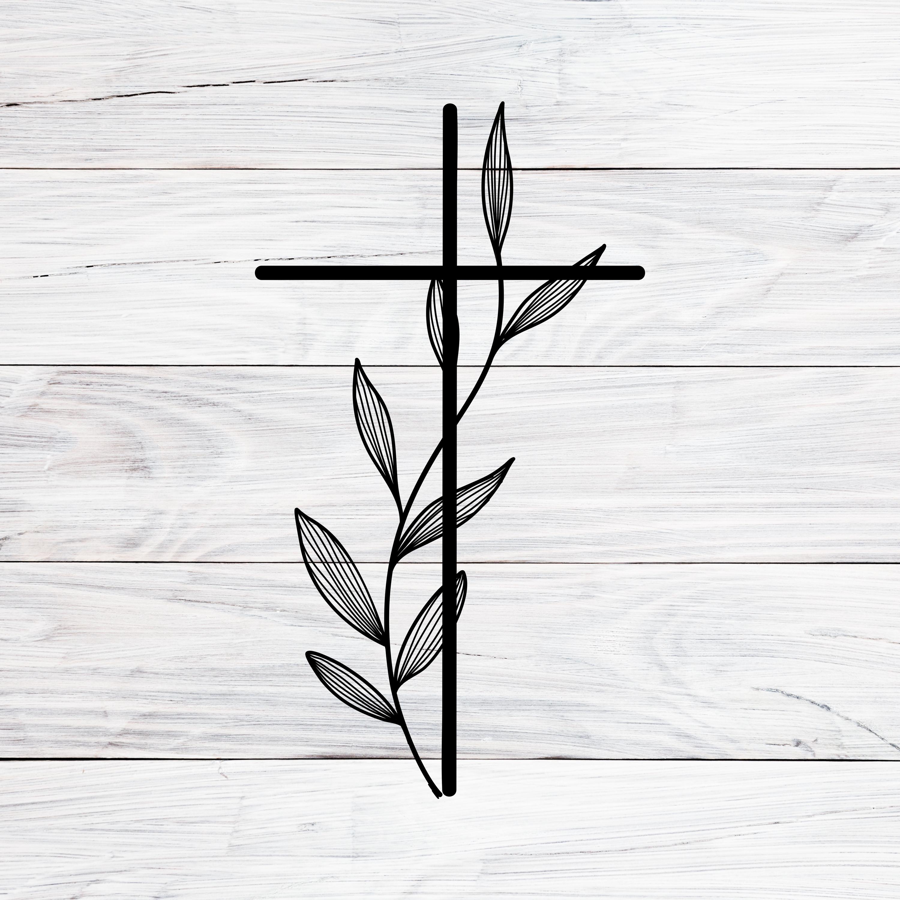 Croce floreale SVG, PNG, DXF, Croce con fiore SVG, Croce botanica in stile line art, Croce floreale antica clipart, Croce con fogliame per laser