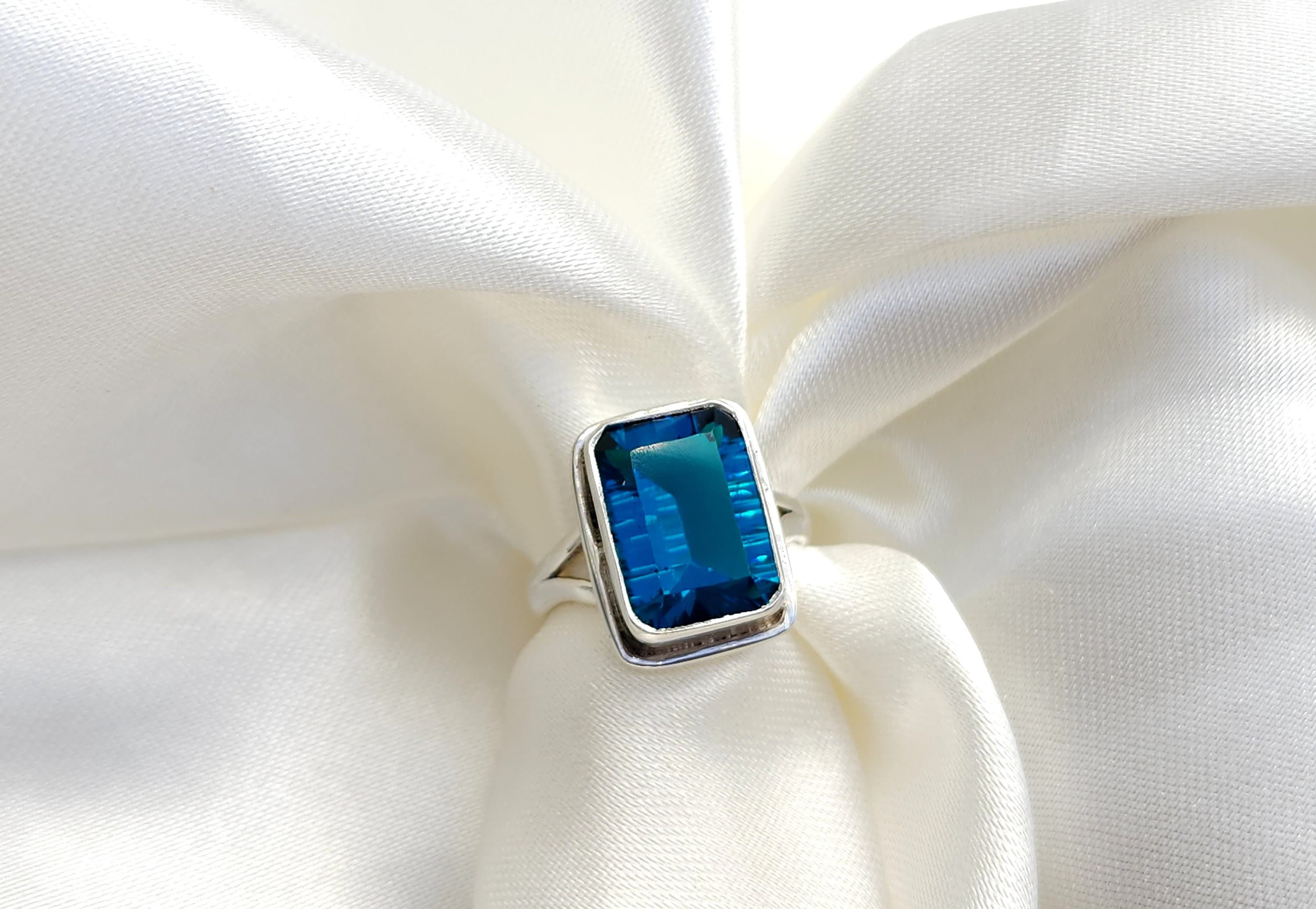 London Blue Topaz Ring, 925 Sterling Silver Ring, Concave Topaz Quartz Gemstone Ring, 18k Gold Ring, Women Ring, Gift Ring, Unique Ring