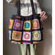 Borsa a tracolla nera all'uncinetto, Borsa tote quadrata con motivo floreale colorato, Borsa hobo in cotone fatta a mano, Borsa retrò all'uncinetto, B
