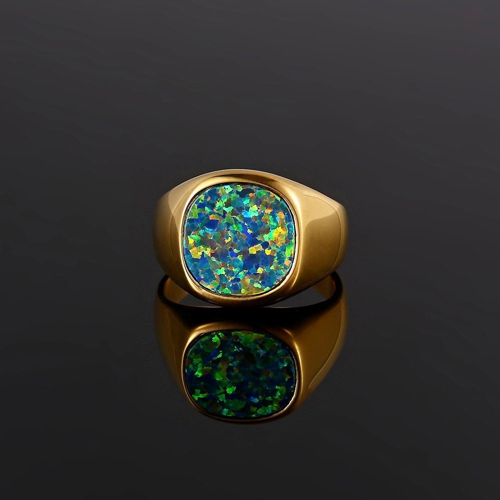 Anello da uomo in oro con opale - Anello da mignolo da uomo - Anello con opale verde - Grande anello con sigillo da uomo - Anello con sigillo in oro,