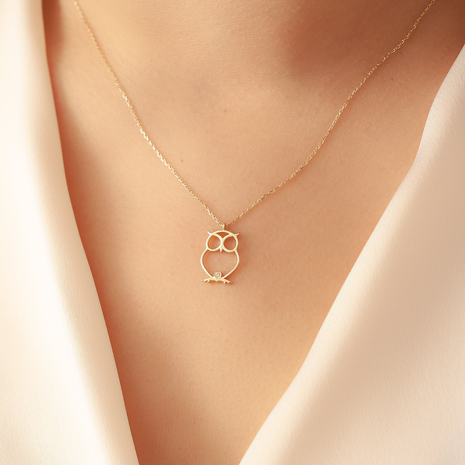 Collana con gufo e diamanti in oro massiccio 14k e 18k, collana con ciondolo a forma di gufo notturno in diamanti, delicata collana con gufo in oro, r