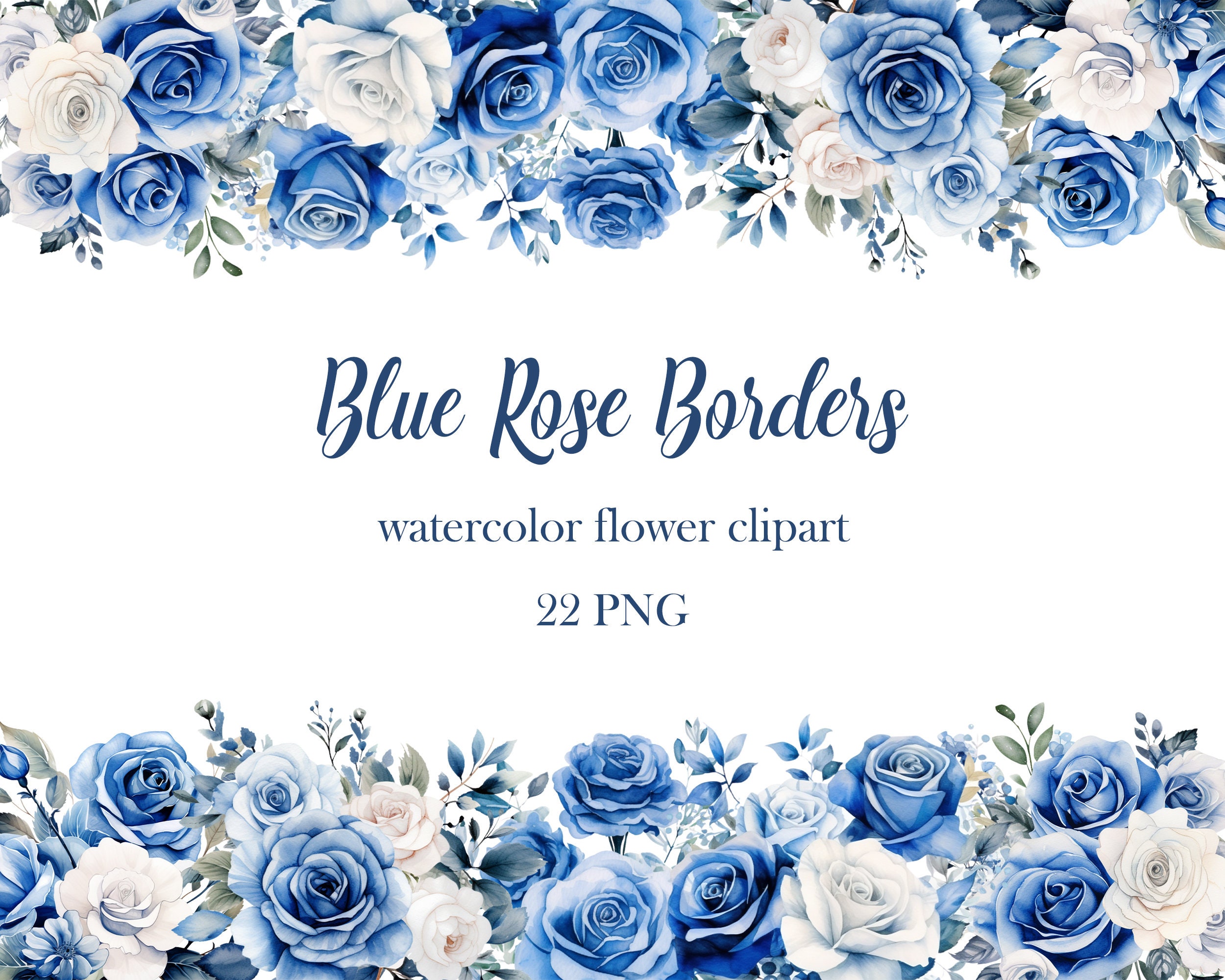 Clipart con bordo di rose blu, pacchetto PNG con bordo di fiori ad acquerello, fiori da matrimonio, PNG con fiori blu, cornice floreale, download digi
