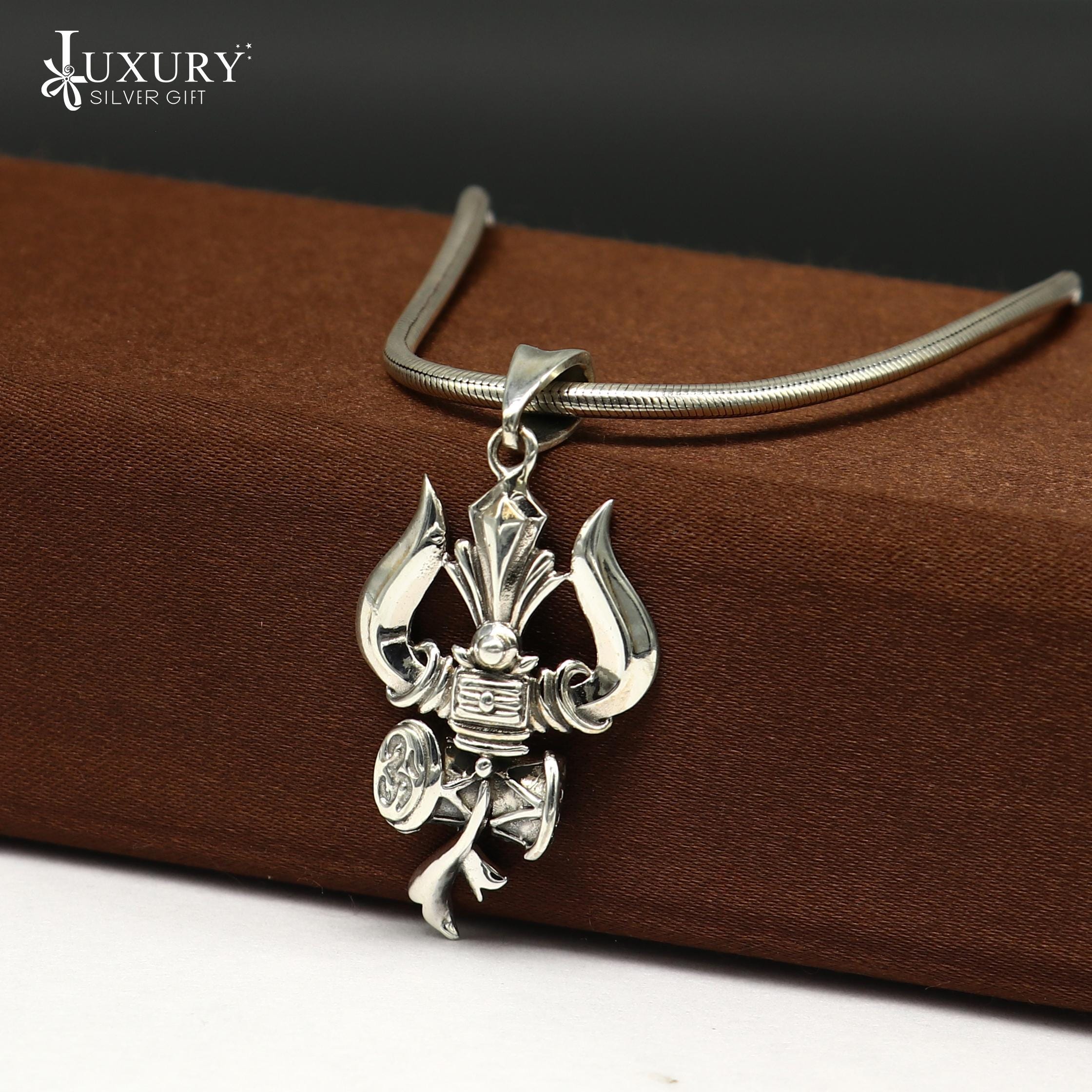 Ciondolo tridente/trishul in argento sterling 925 raffigurante l'idolo indù del Signore Shiva, design straordinario, ciondolo regalo con medaglione, g