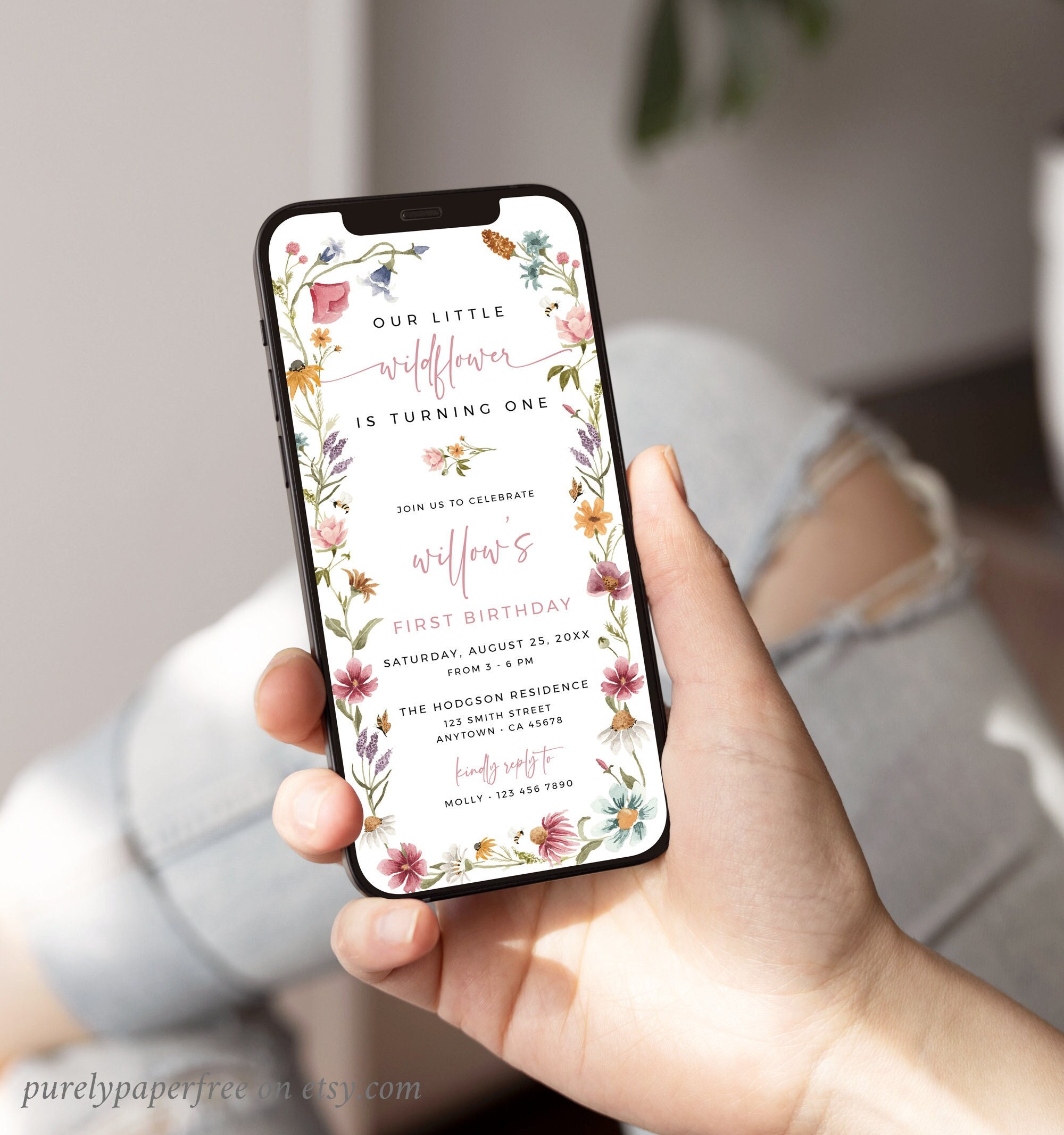 Invito digitale per il primo compleanno, Invito elettronico Wildflower per il primo compleanno, Invito elettronico Wildflower per bambina, Modello di