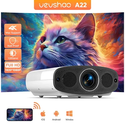 VEVSHAO A22 Full HD 1080P Projector 4K 1000ANSI Android WiFi Auto Focus 10W*2 Home Theater Projector for Office Meeting Video