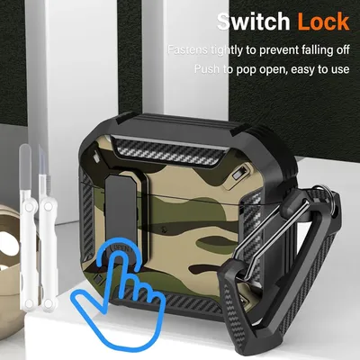for AirPods 4 Shockproof Protective Camouflage Case with Carabiner&Lock Clip for AirPods Pro with