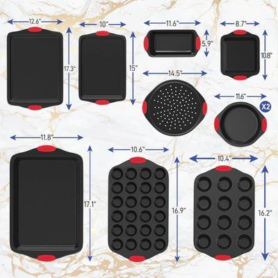 Nutrichef 10-Piece Non-Stick Kitchen Oven Baking Pans - 10 Pieces - Baking, Cooking - Dishwasher Safe - Oven Safe - Red, Black - Carbon Steel Body