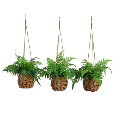 Nearly Natural 10"h Uv Resistant Artificial Boston Ferns With Hanging Wicker Baskets, 10"h X 11"w X 11"w, Green/brown, Set Of 3 Ferns